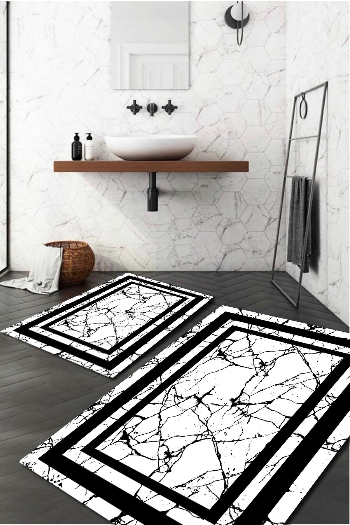 WOOLLY HOME COLLECTİON Şerit Detaylı Mermer Desenli 2'li Banyo Paspas Takımı (60x100/40x60) - Wlly217