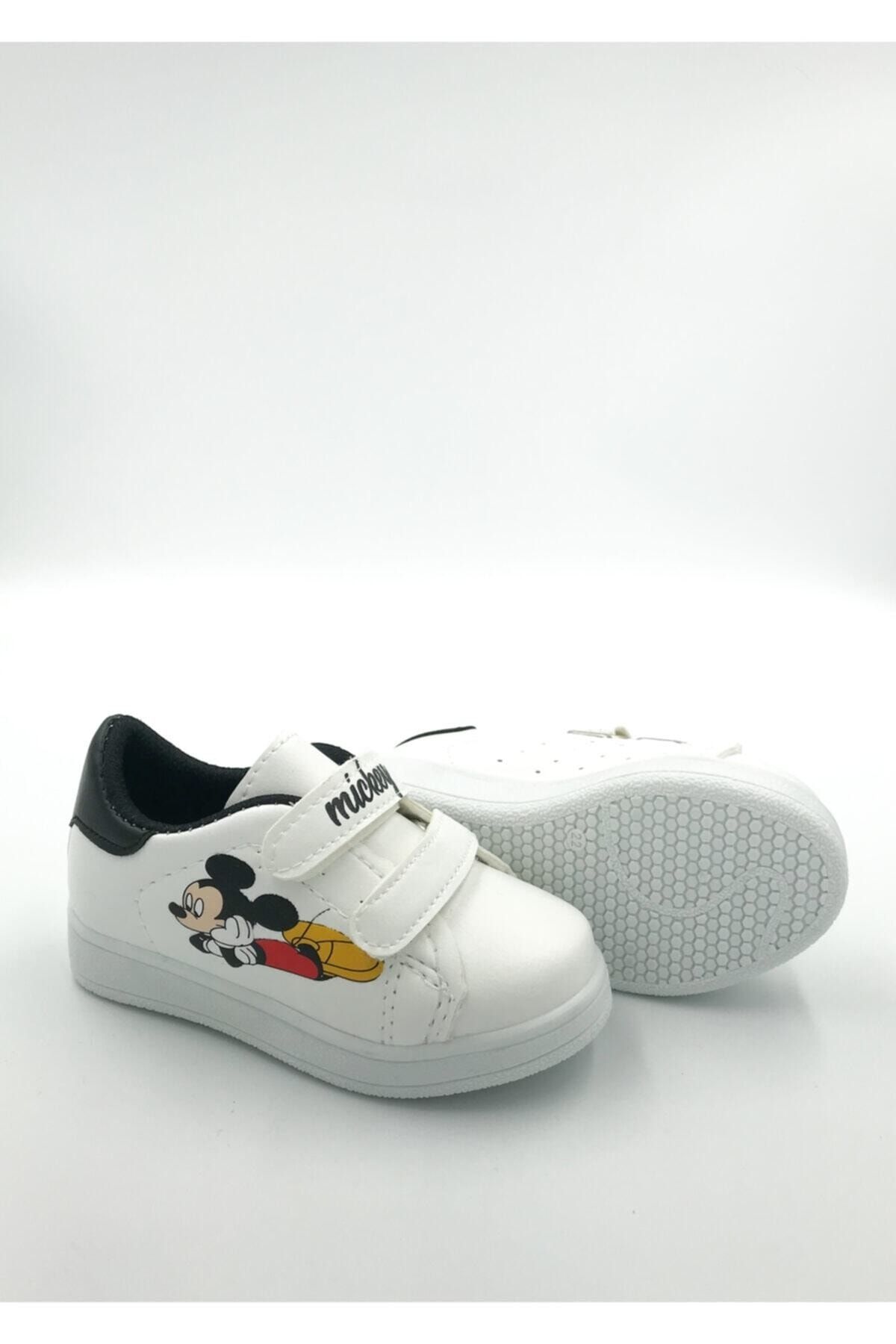 DARKLOW Md-01 Mickey Desenli Çocuk Spor Sneaker Günlük Cırtlı Spor Ayakkabı Beyaz-siyah