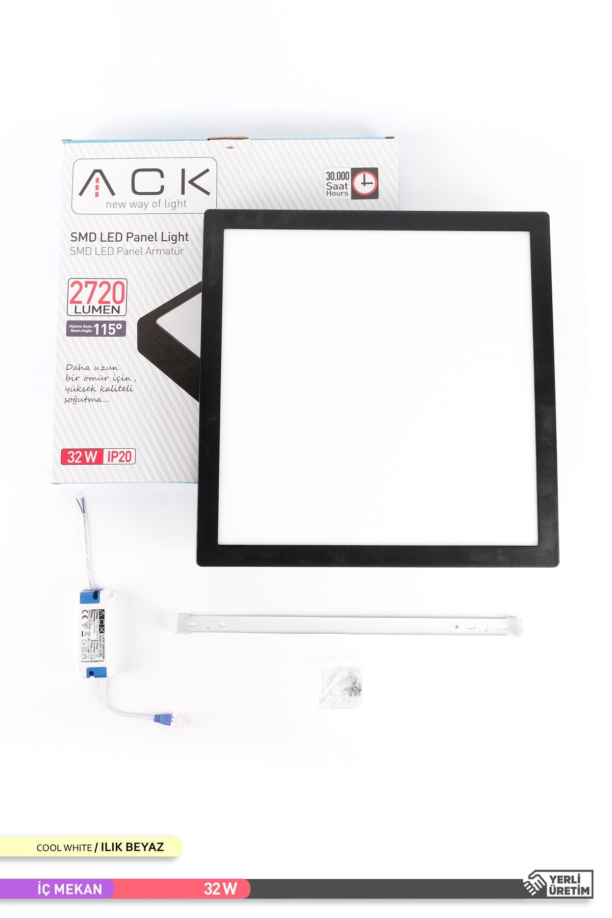 Ack 32W Siyah Sıva Üstü Kare Led Panel Armatür - 6500K Beyaz Işık