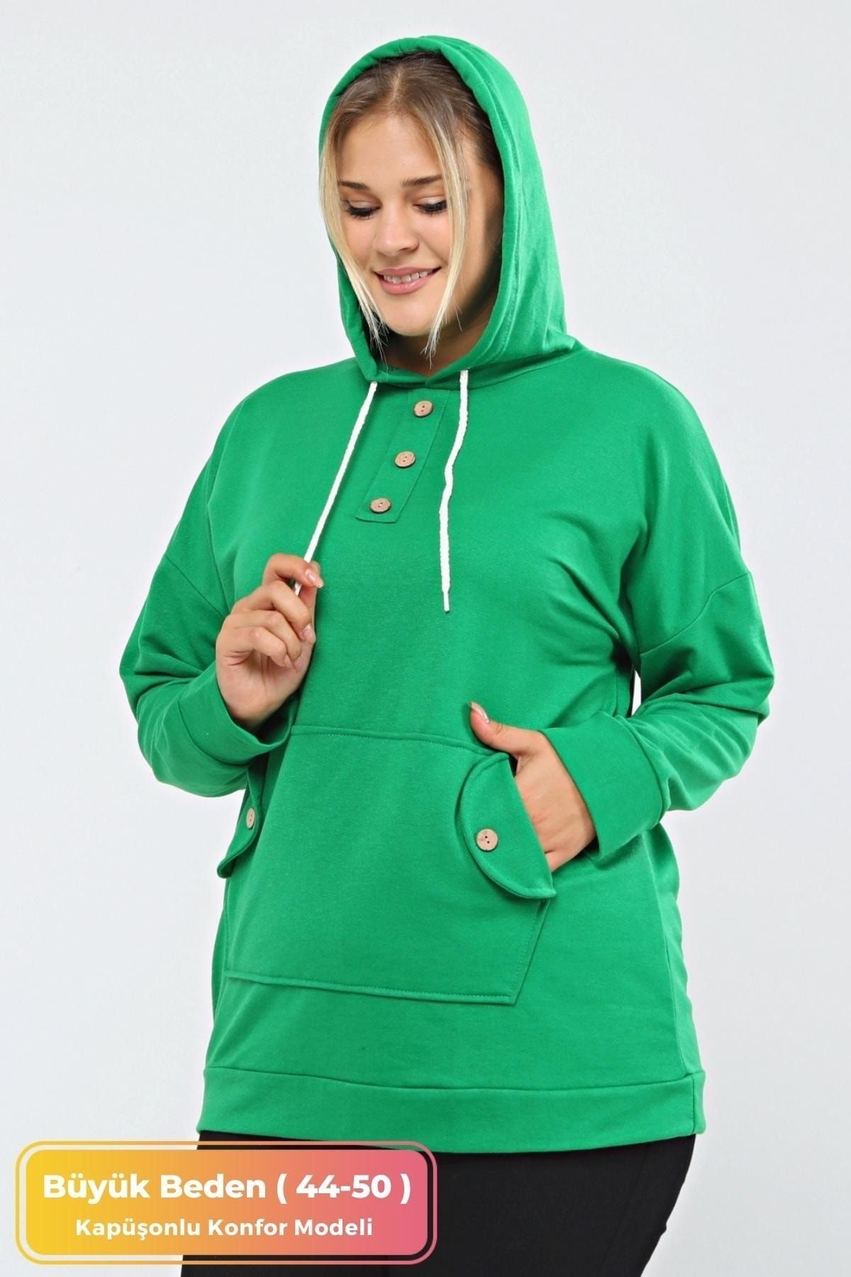 tarzımsüper Kadın Büyük Beden Kapüşonlu Kanguru Cepli Likralı Düğme Detaylı Uzun Hoodie Sweatshirt Yeşil