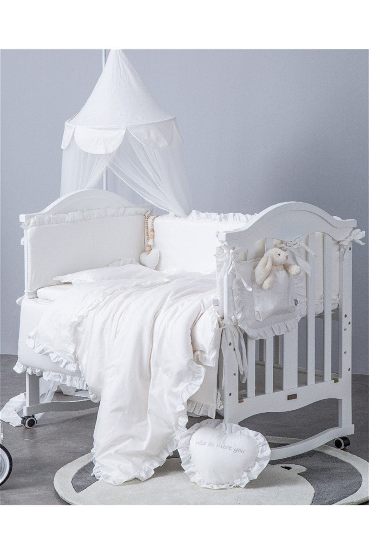 Jaju Baby Fırfırlı Beyaz 60x120 Renk Beşik /montessori Kenar Koruma Ve Nevresim Takımı Uyku Seti