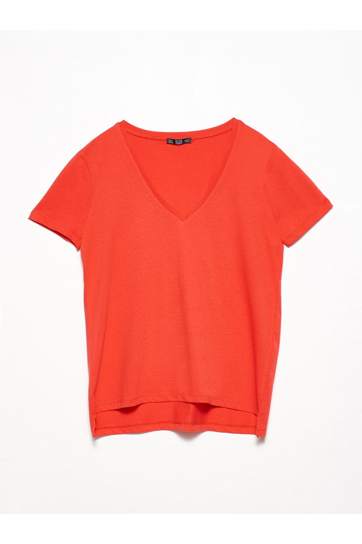 Dilvin Kadın Kırmızı V Yaka Basic T-Shirt 101A03470