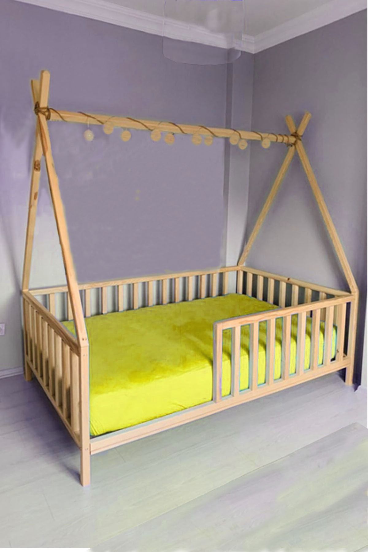 HFT HOME Çatılı Unisex Montessori Bebek Ve Çocuk Karyolası Doğal Ahşap Yatak