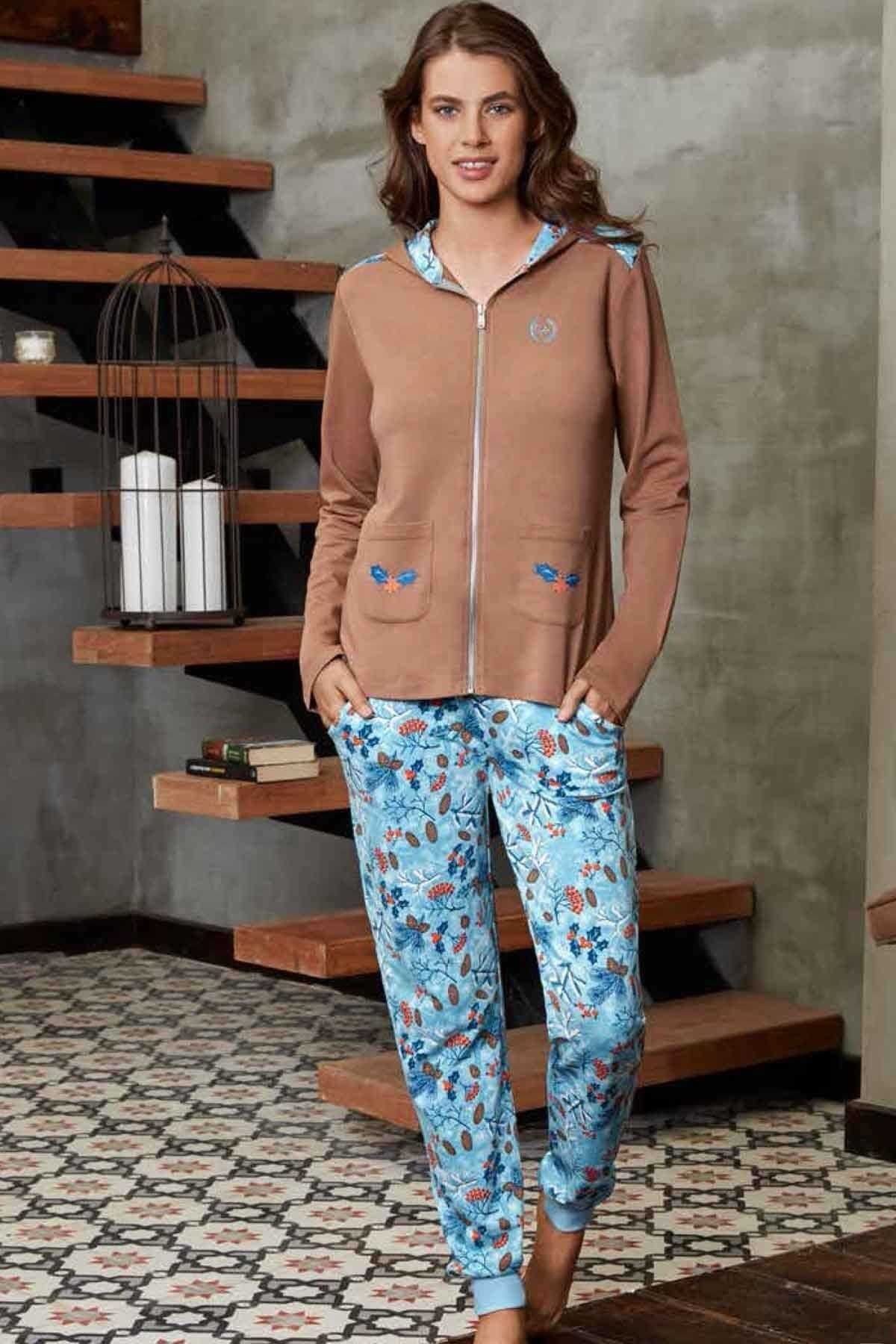 Doreanse Kadın Çiçekli Modal Uzun Kol Kapüşonlu Pijama Takımı 4459