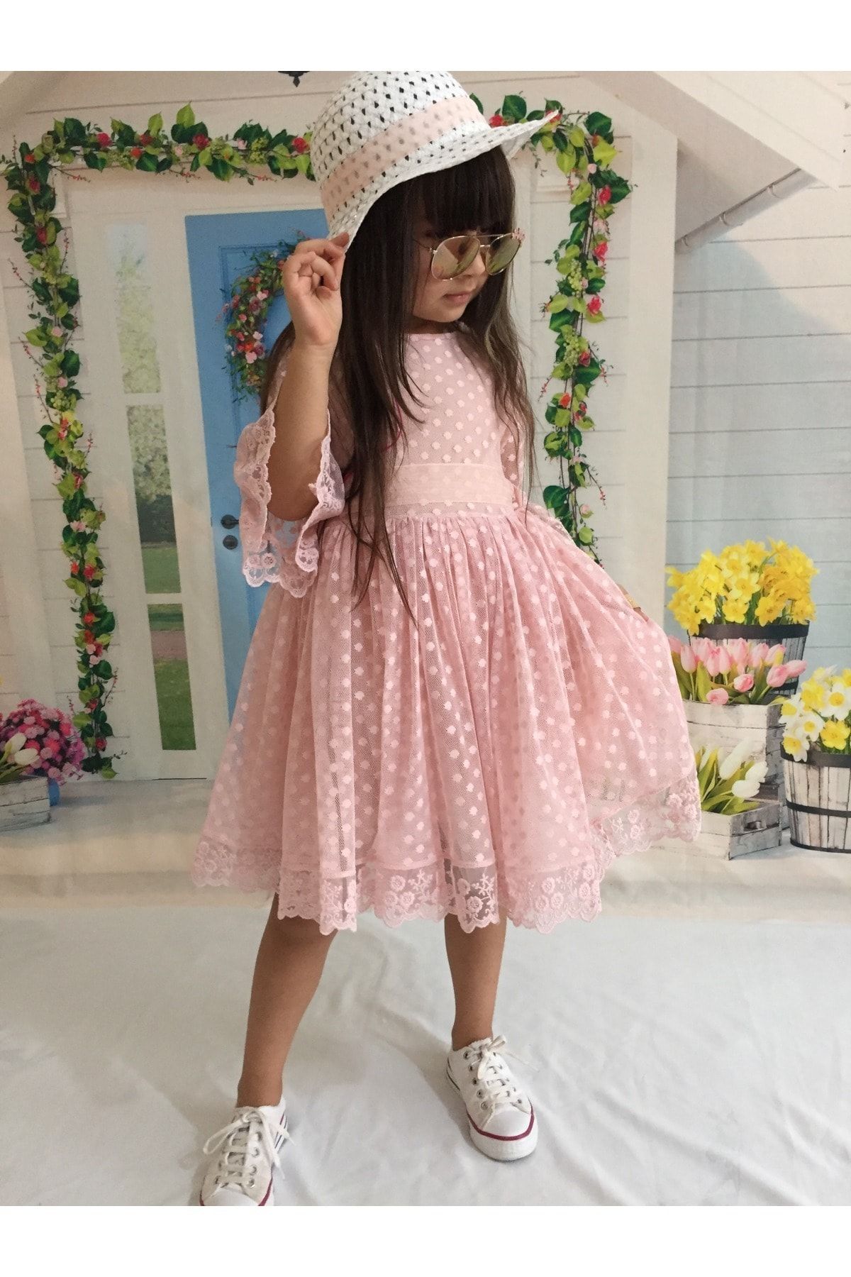 Mixie Kız Çocuk Güpürlü Dantelli Elbise Özel Gün Doğum Günü Elbisesi