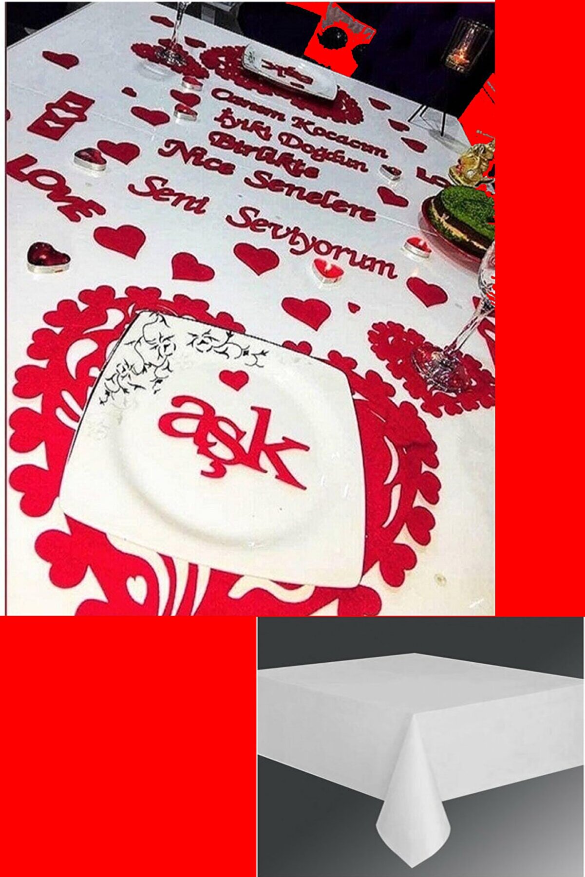 partikirtasiye 50 Parça Romantik Doğum Günü Masa Süslemesi Kırmızı Keçe Seti Ve Beyaz Masa Örtüsü Hediyeli