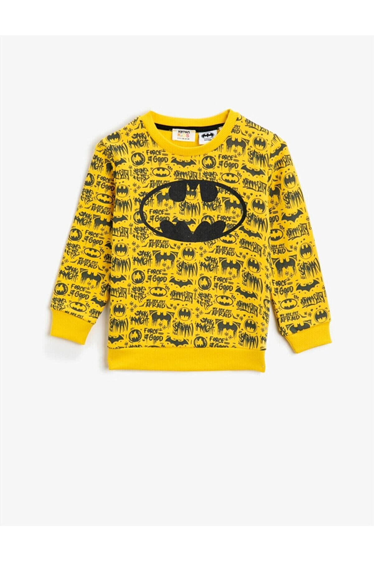 Koton Erkek Çocuk Sarı Batman Lisanslı Baskılı Bisiklet Yaka Sweatshirt