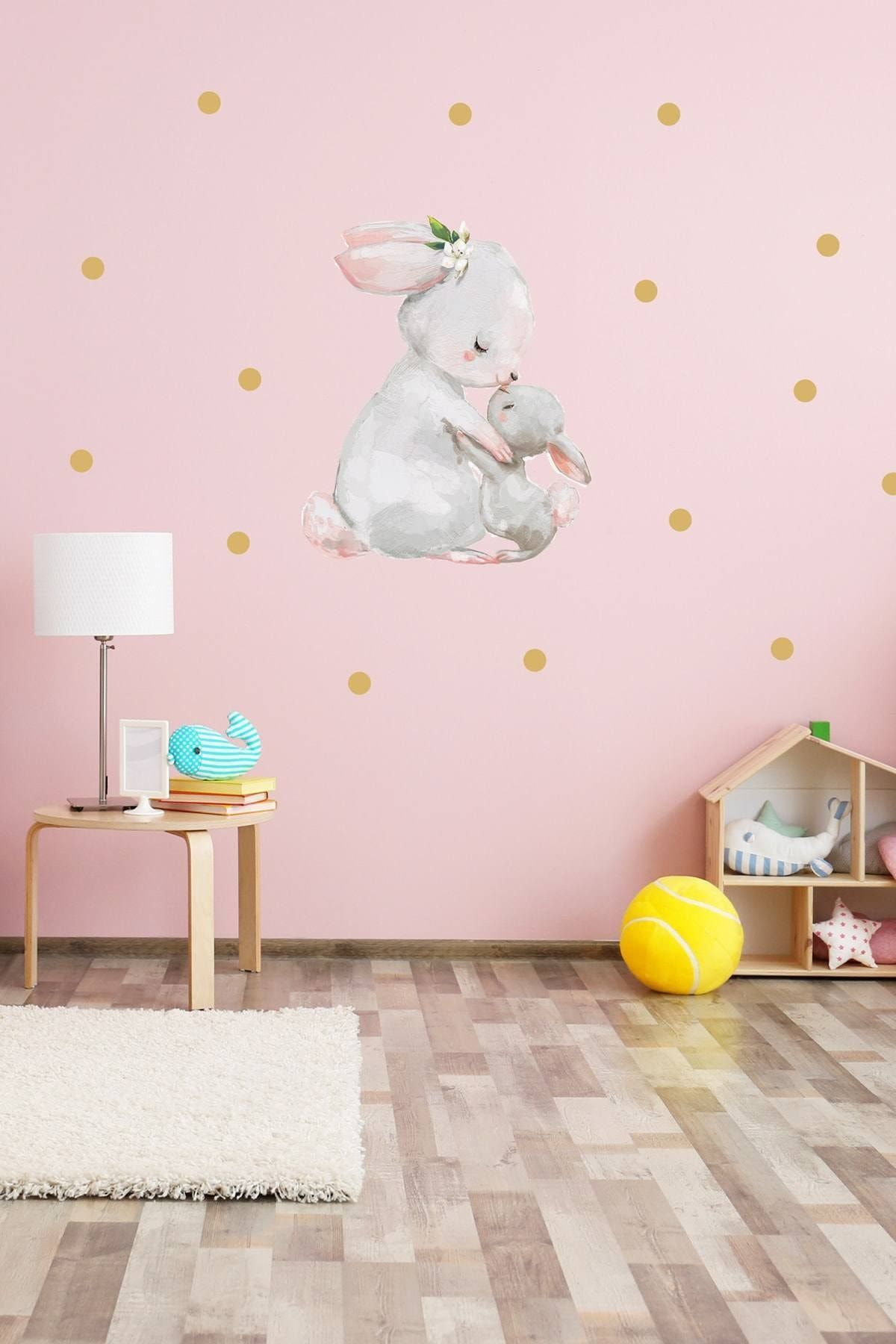 KT Decor Annesi Yavrusu Tavşanlar Puantiyeli Duvar Sticker Seti