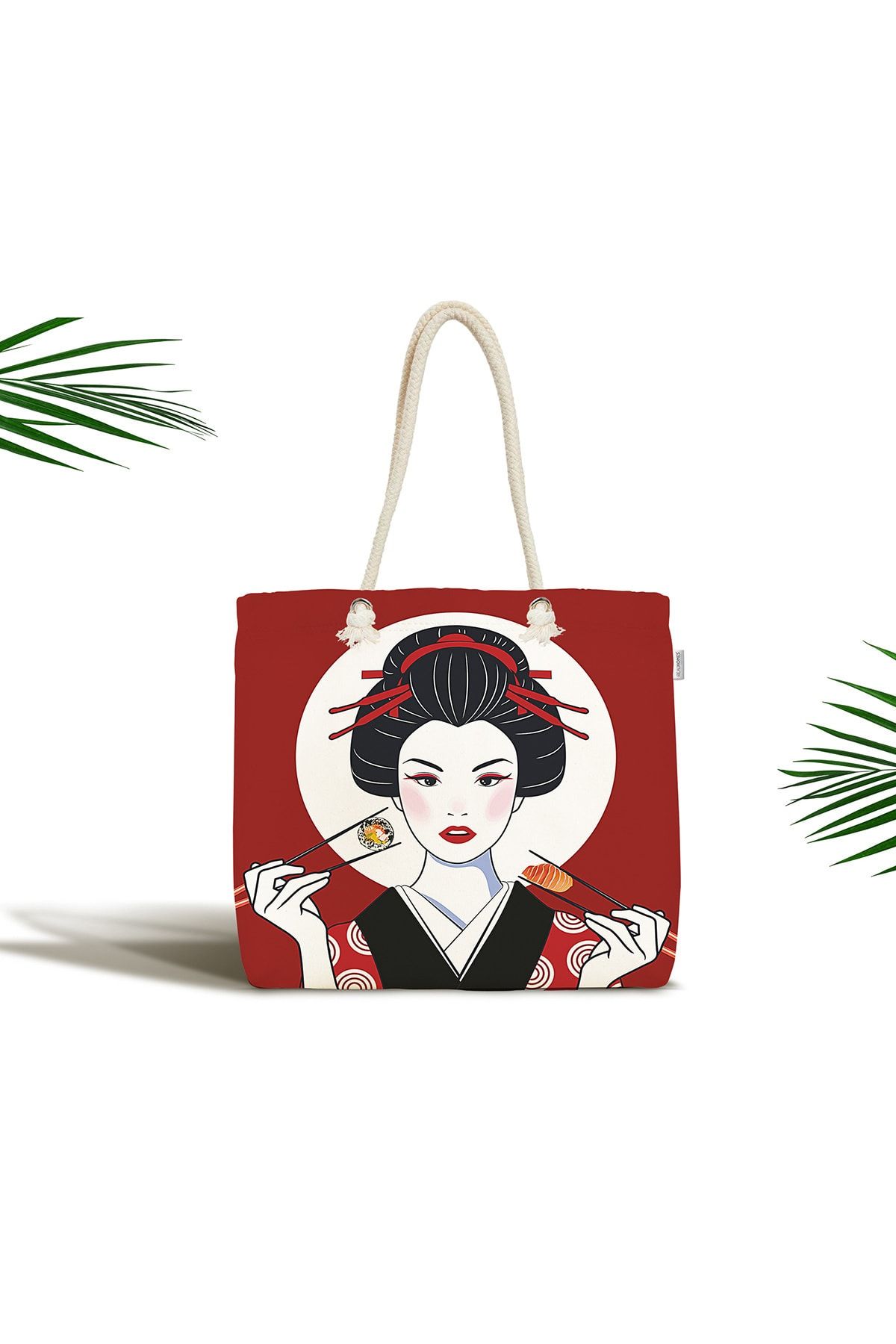Realhomes Suşi Yiyen Japon Kız Motifli Modern Fermuarlı Kumaş Çanta