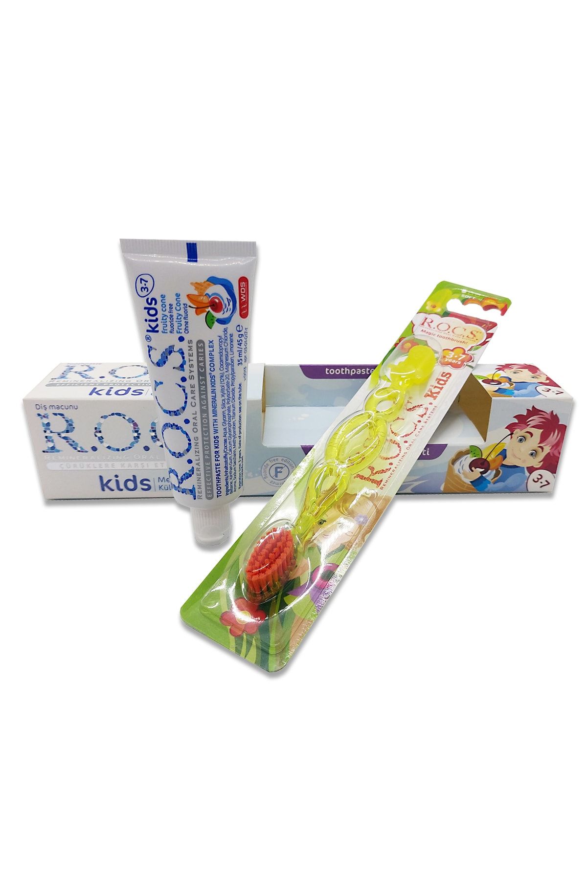 R.O.C.S. Kids 3-7 Florürsüz Diş Macunu Ve Diş Fırçası Seti - Sarı Fırçalı