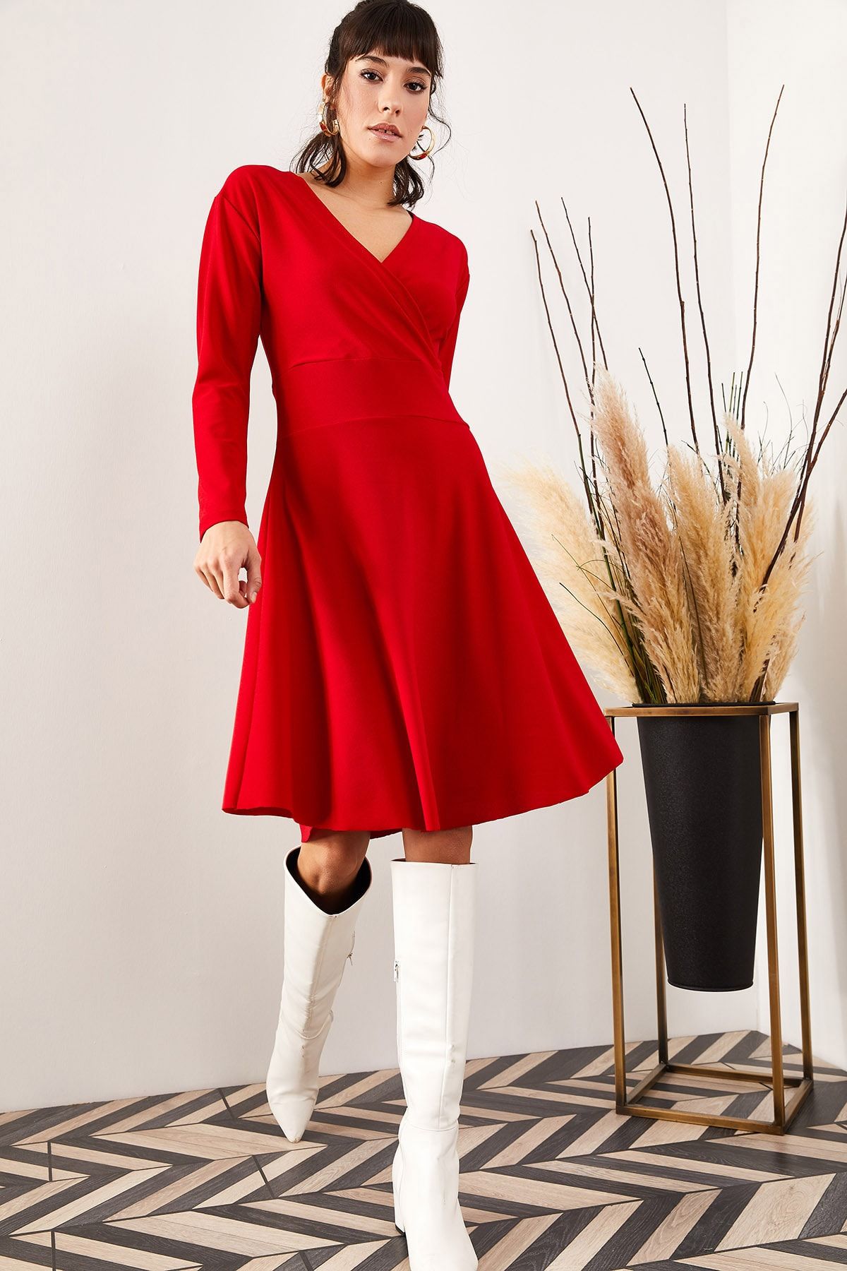 Olalook Kadın Kırmızı Kruvaze Elbise ELB-19000943