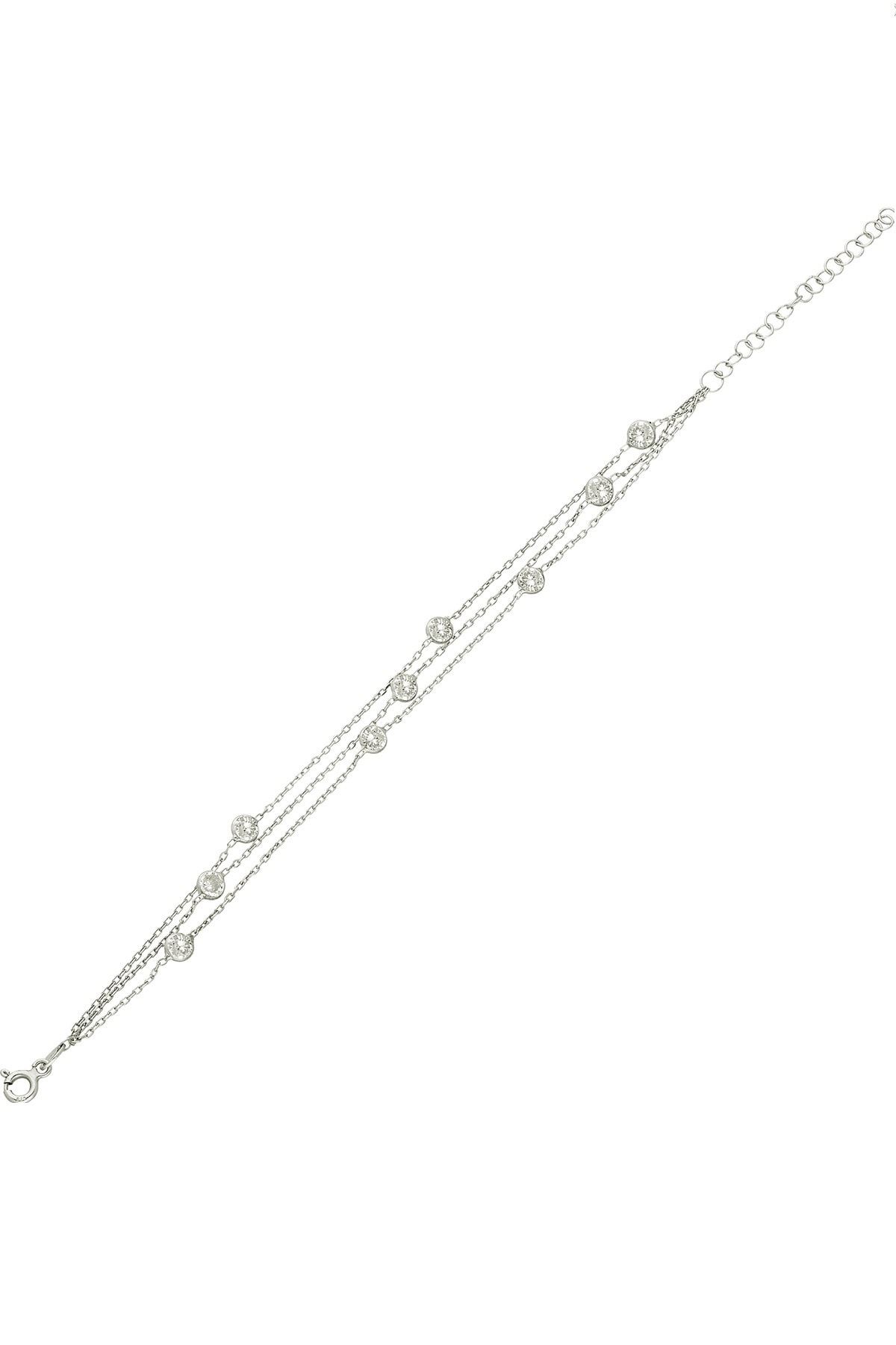 Trend Silver 925 Ayar Gümüş Rodyumlu Üç Zincirli Zirkon Taşlı Tiffany Bileklik
