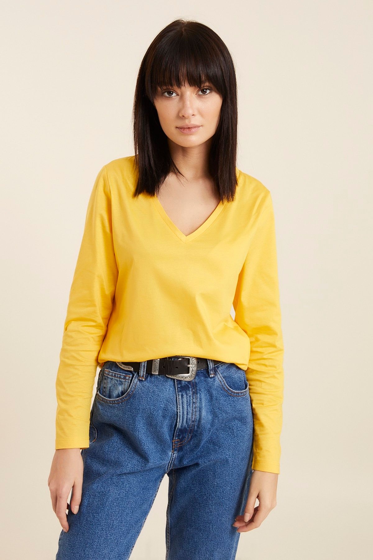 Hanna's Kadın Sarı V Yakalı Basic T-shirt