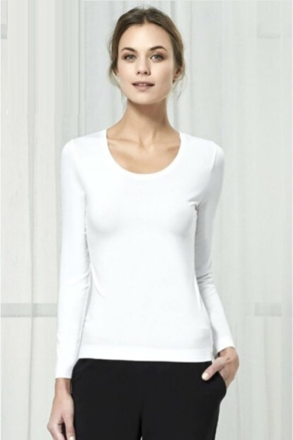 SEASOUL Kadın Beyaz Antibakteriyel Bambu Uzun Kollu T-shirt Ss-1538