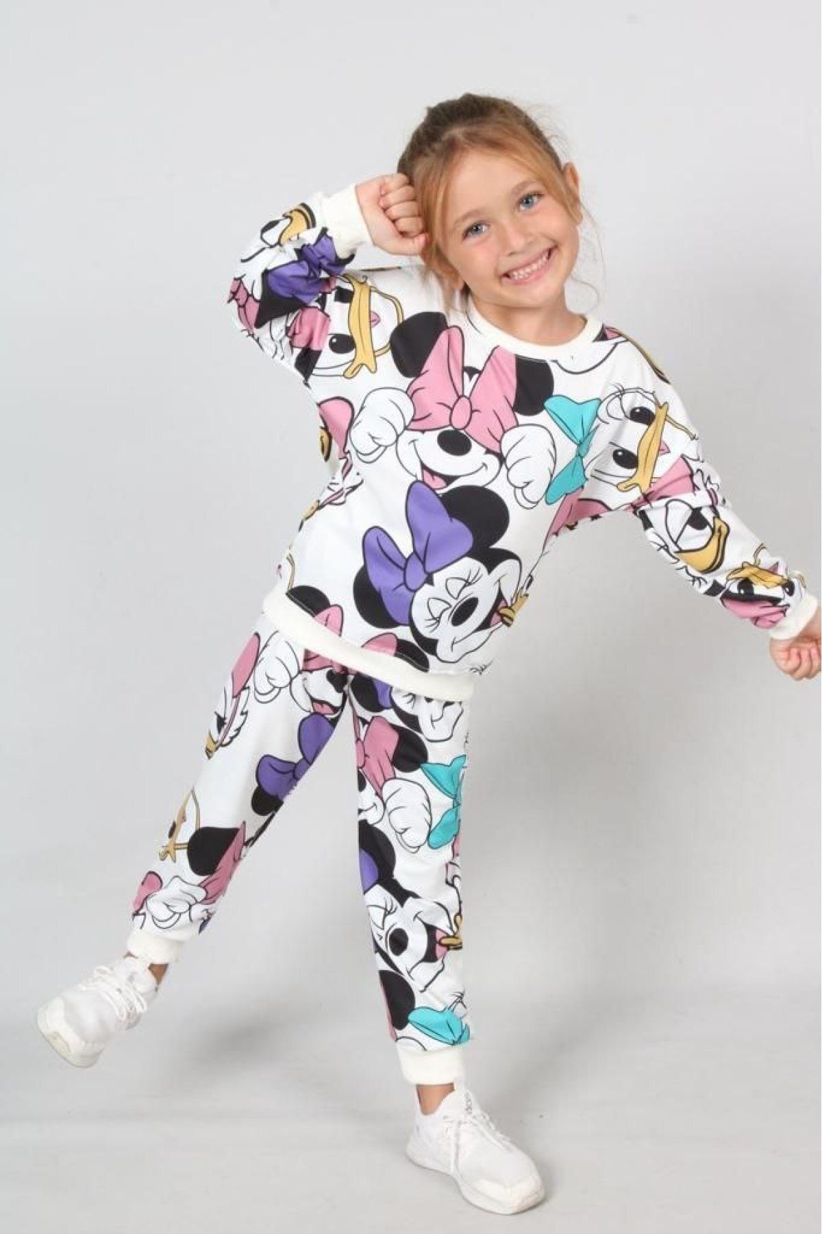 Lolliboomkids Kız Çocuk Beyaz Mickey Çok Renkli Desenli Eşofman Takımı