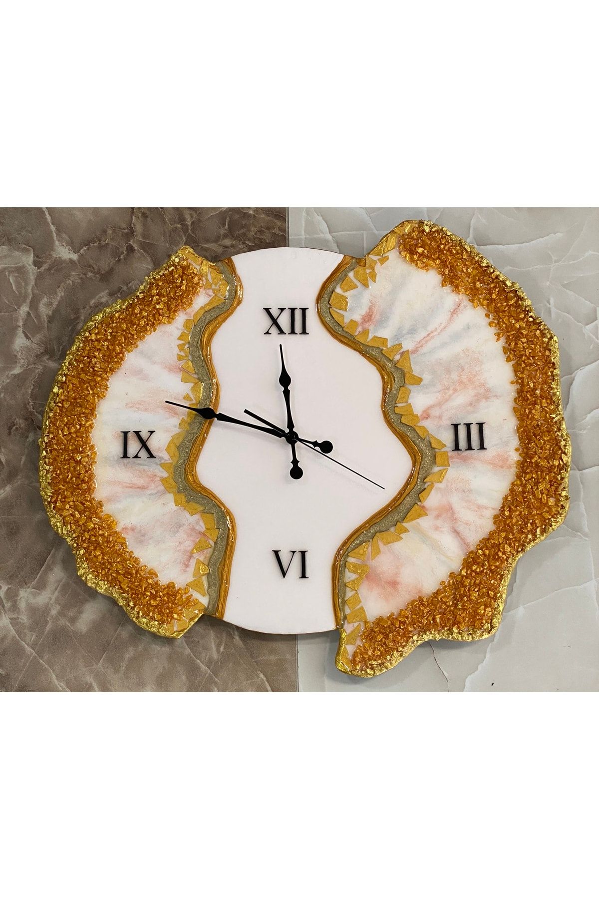 Hit HomeWood Doğal Deniz Taşlı Epoksi Dolgu Saat - Özel Tasarım Ev Dekorasyon Duvar Saat