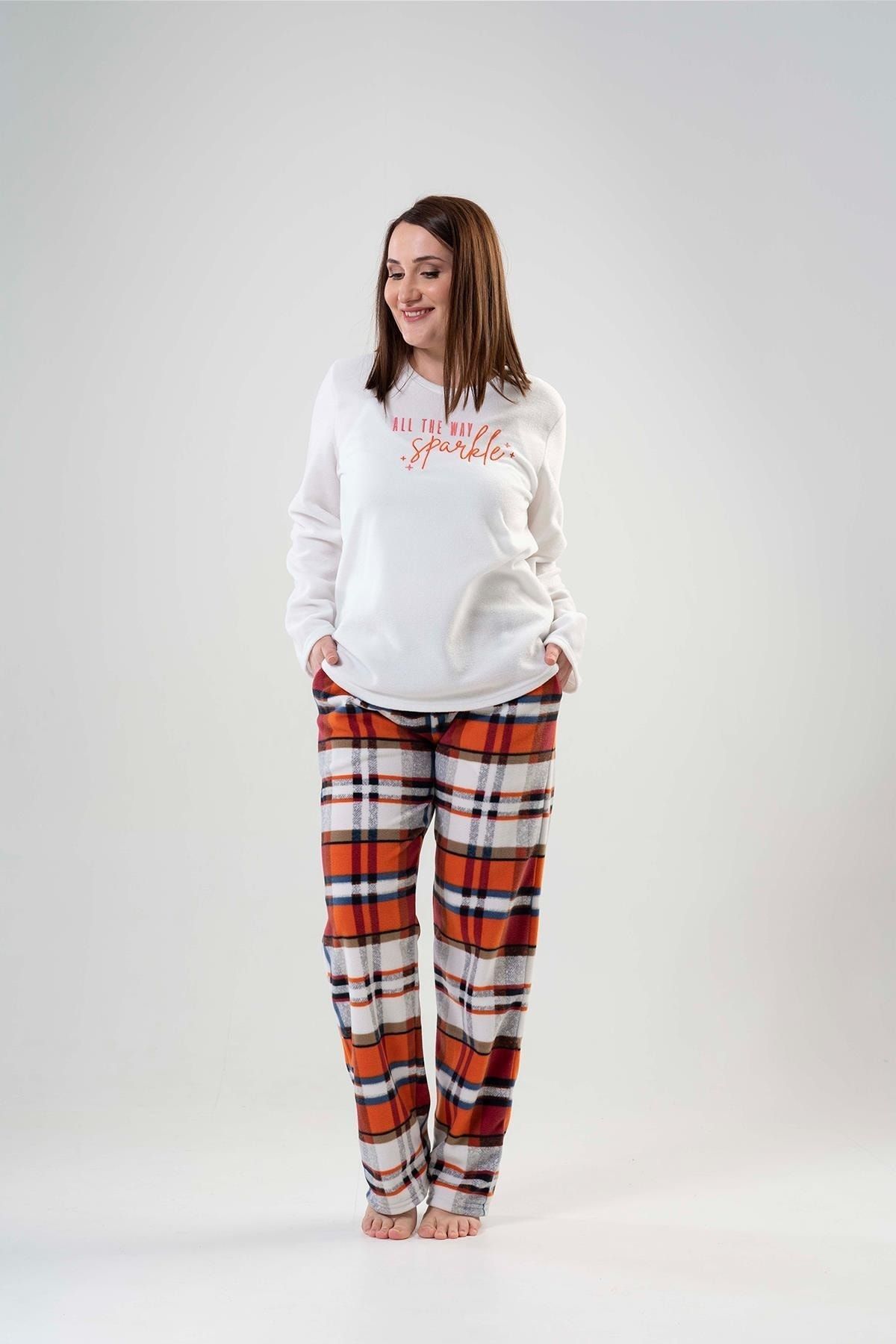 Vienetta Kadın Büyük Beden Ekru Polar Pijama Takımı 201004-8758