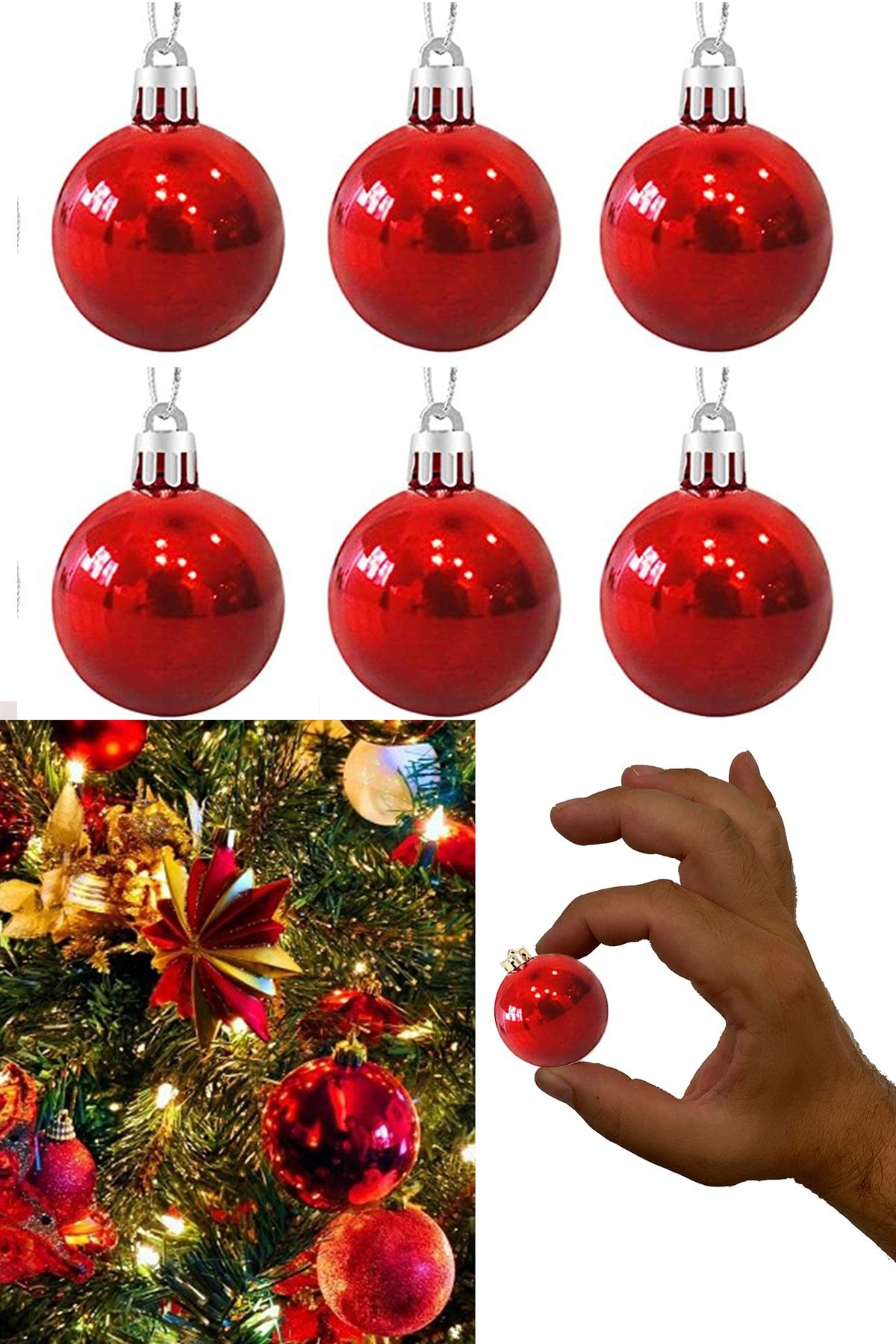 Parti Dolabı Kırmızı 6lı Yılbaşı Top Süs 4cm Çam Ağacı Süsleri Noel Dekorasyon Cici Top Altın Sarısı Süsleme