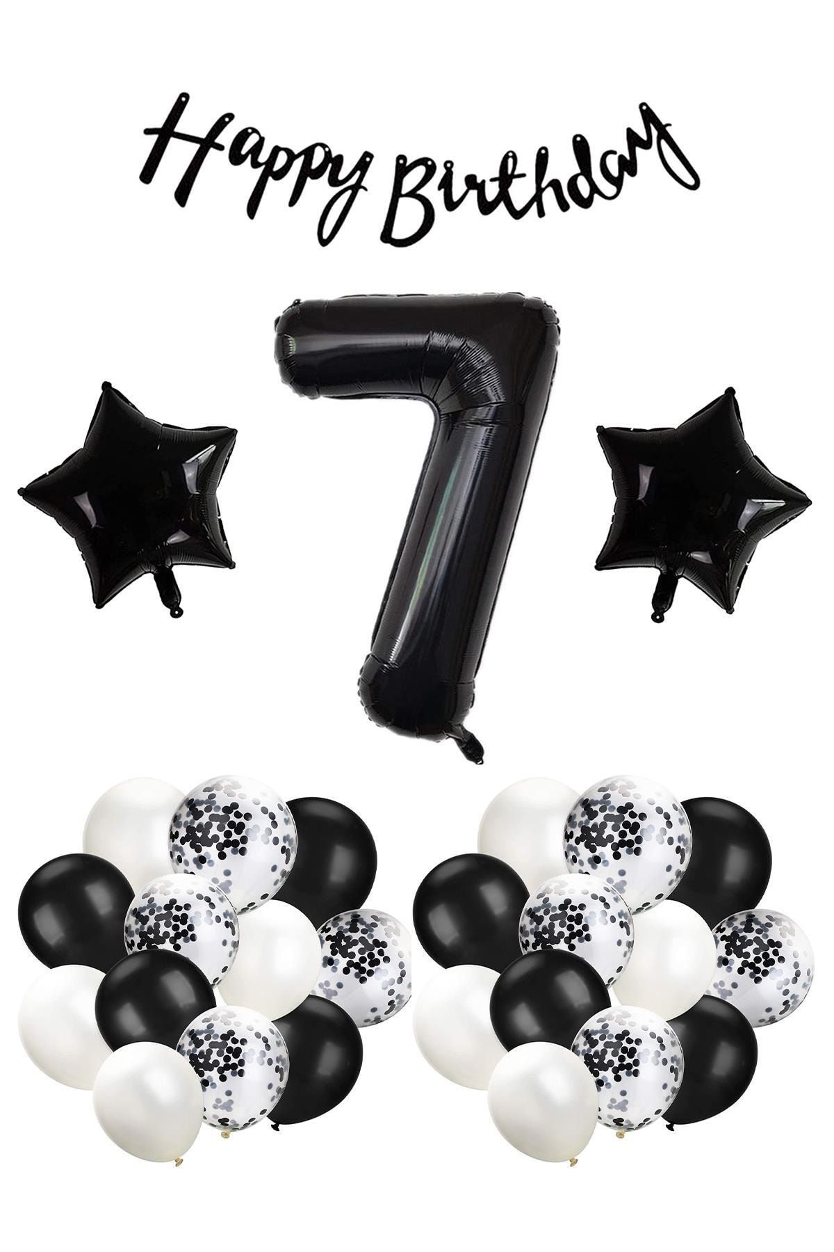 Patladı Gitti Siyah Konsept 7 Yaş Doğum Günü Kutlama Seti; Beyaz Siyah Konfetili Balon, Rakam Yıldız Folyo Ve Bann