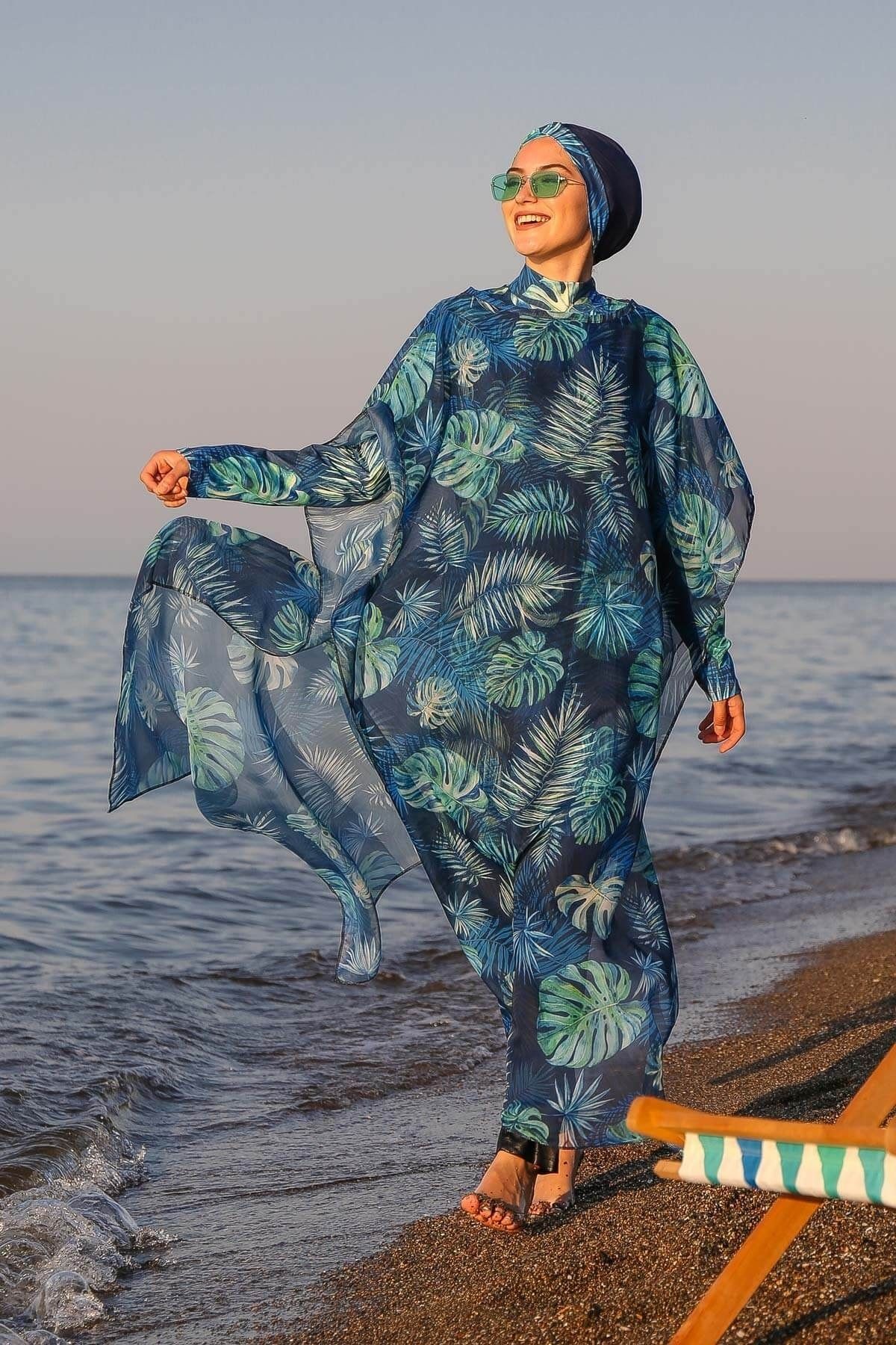 Marina Tesettür Mayo Üzerine Yaprak Desenli Kaftan Kimono Pareo P2106