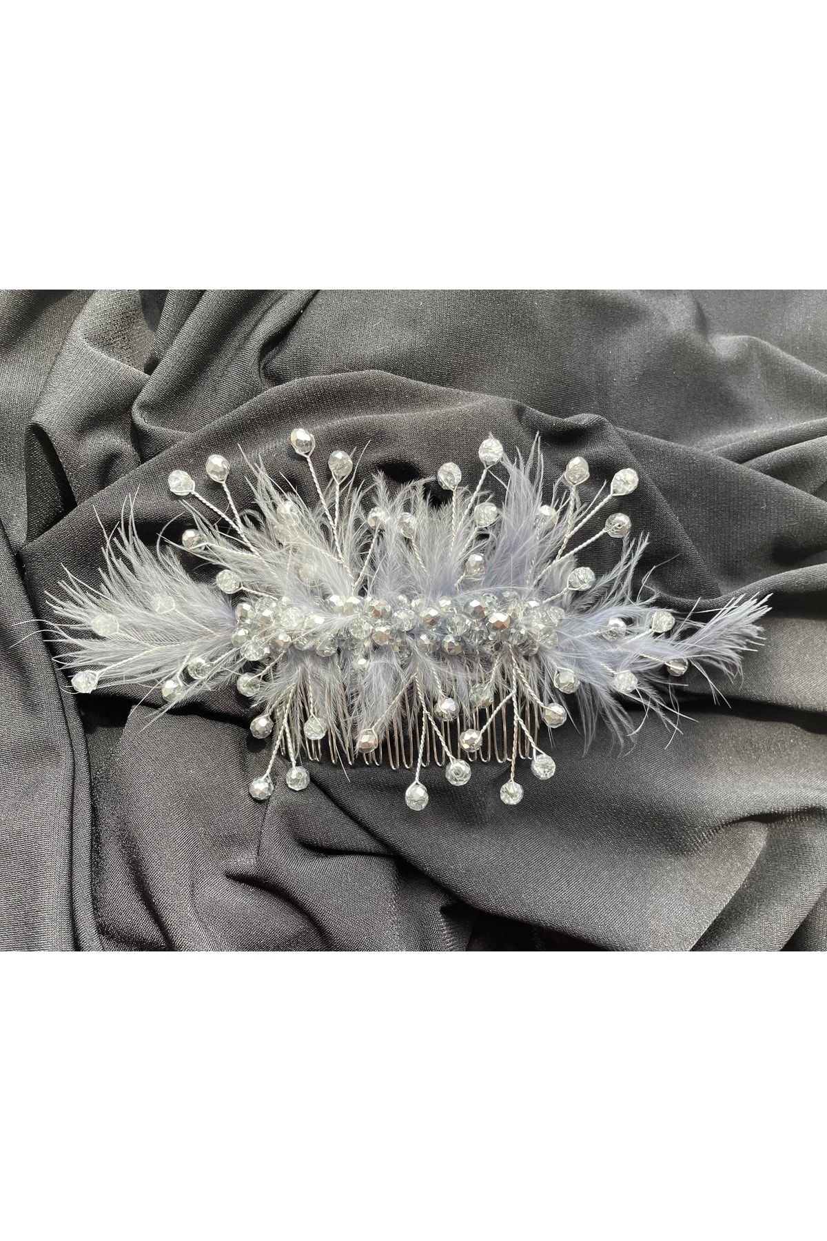 DesaAccessories Gümüş Kristal Taşlı Tüy Detaylı Taraklı Saç Aksesuarı Nişan, Gelin, Düğün Tacı