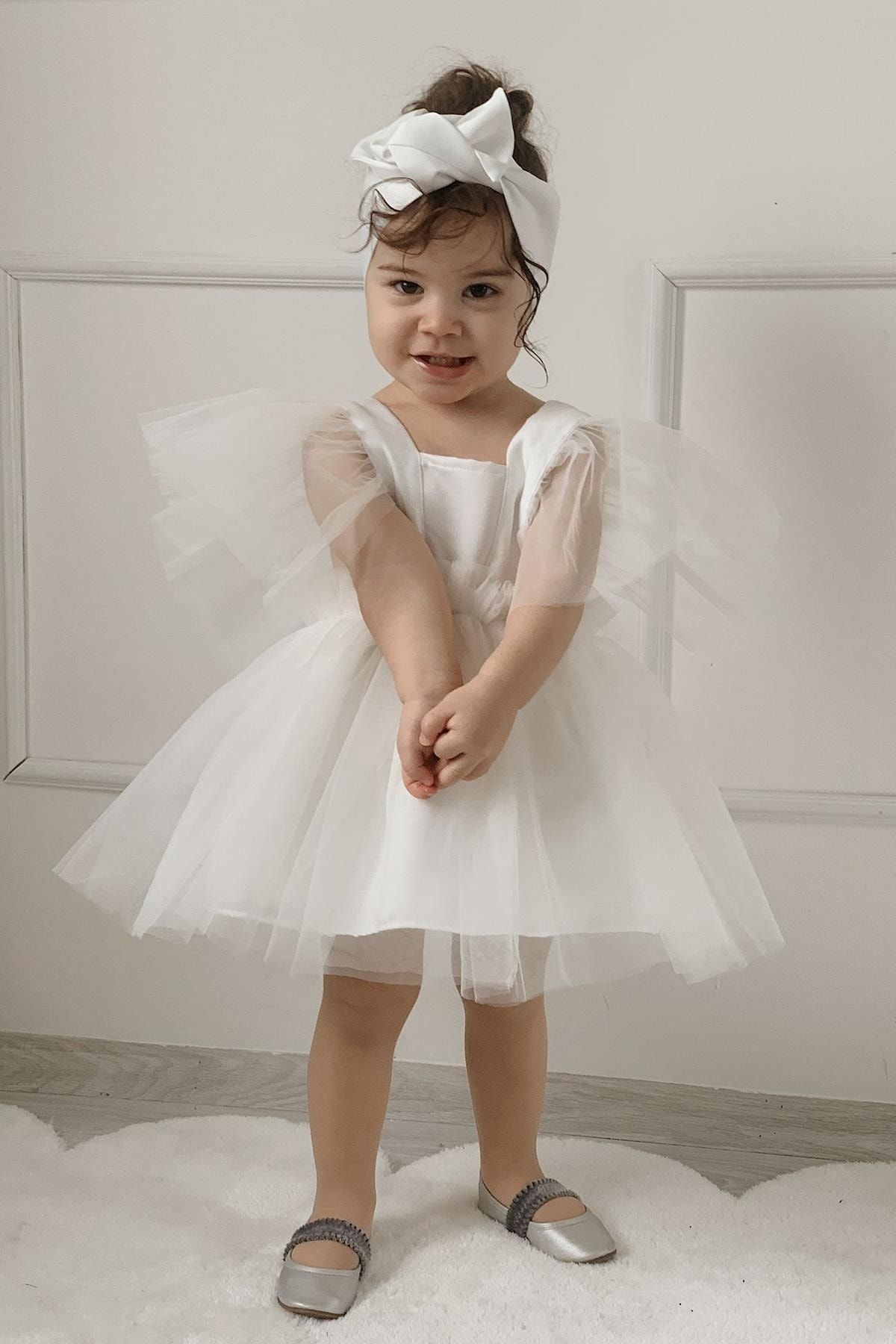 meqlife Beyaz Kız Çocuk Saten Abiye Elbise Kız Çocuk Doğum Günü Parti Kutlama Kıyafeti