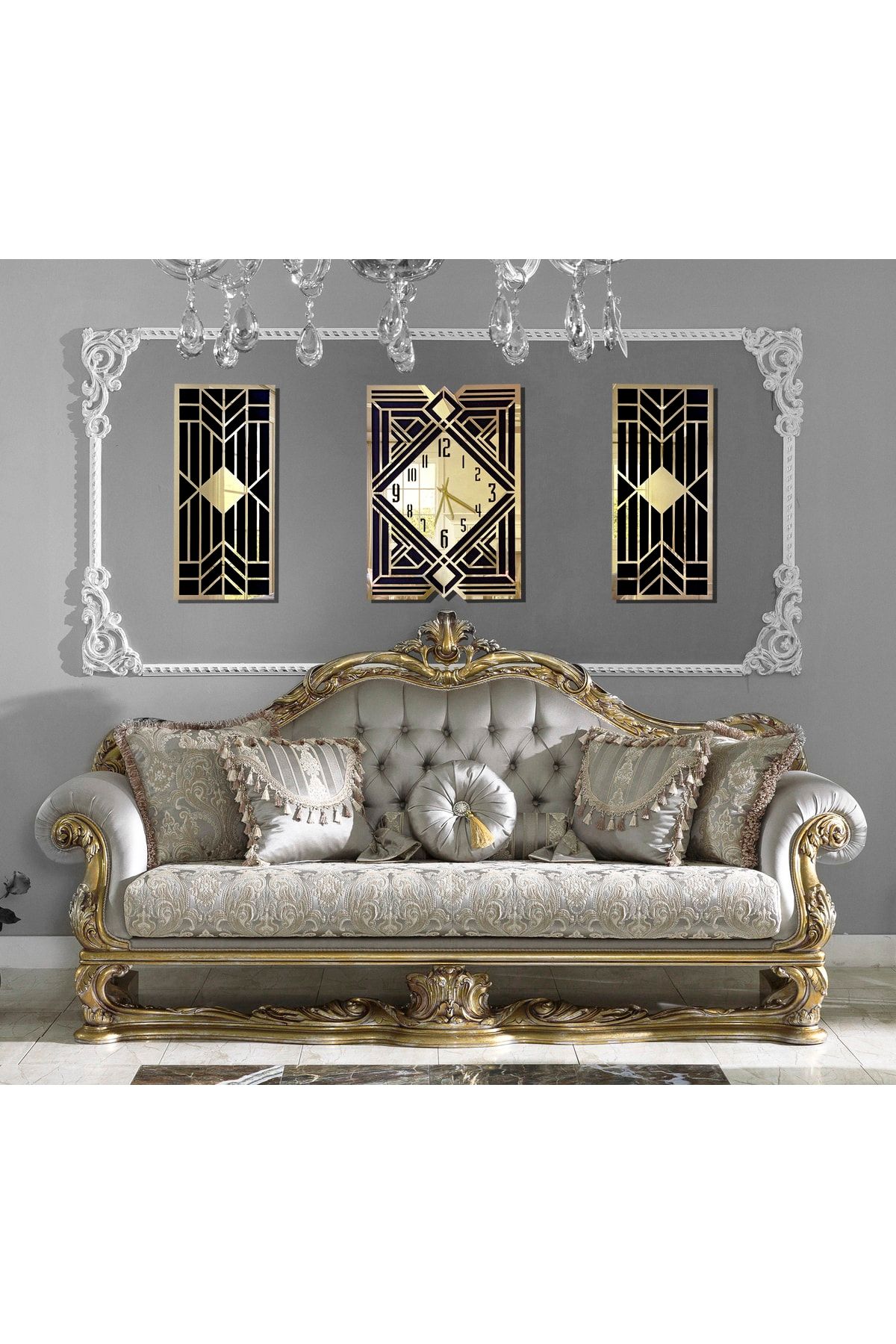 Mitra Dekor Modern Klasik & Geometrik Tasarım Mdf Üzeri Gold Aynalı Pleksi 3lü Duvar Saat Seti