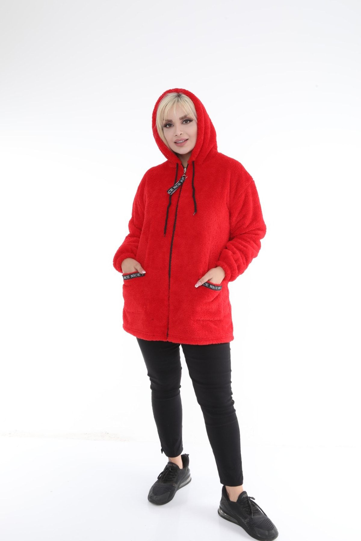 xlargebutik Büyük Beden Kadın Giyim Yeni Modell Full Esnek Kumaş Peluş Polar Kırmızı