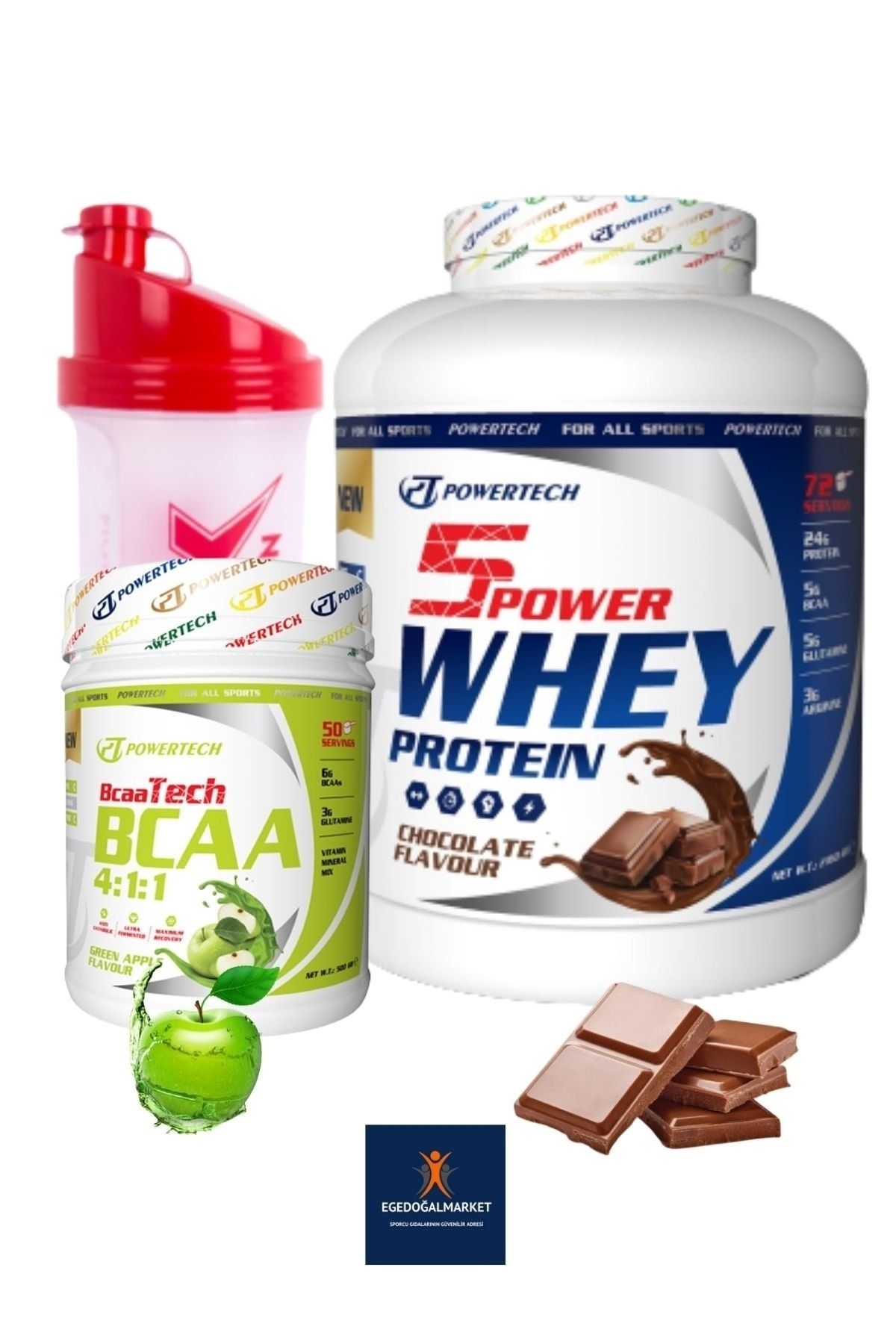 POWERTECH 5power Whey Protein Tozu 72 Servis Çikolata Bcaa 50 Servis Yeşil Elma