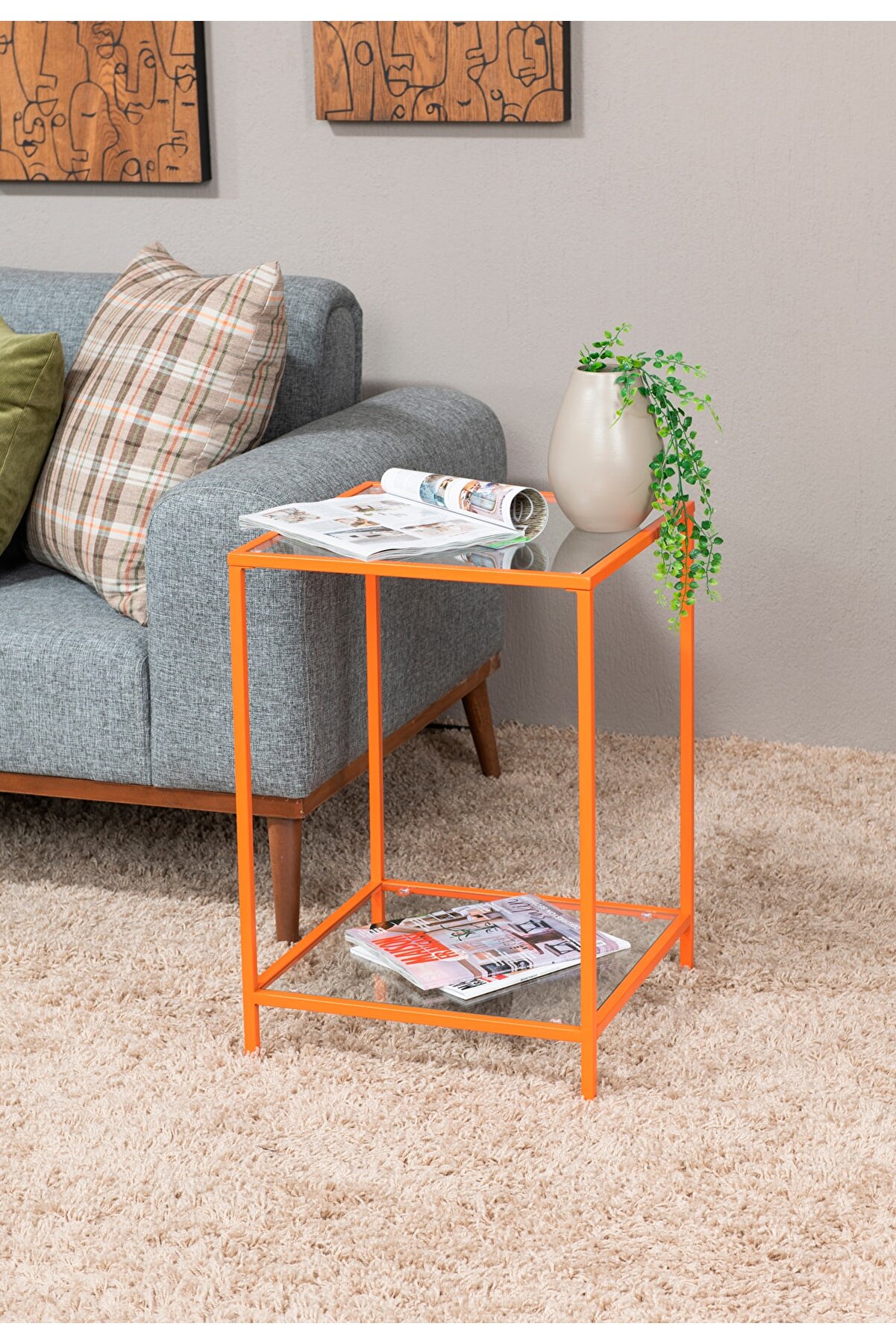 tino furniture Luanda Sehpa Şeffaf Camlı Raflı Metal Yan Sehpa Fiyatı