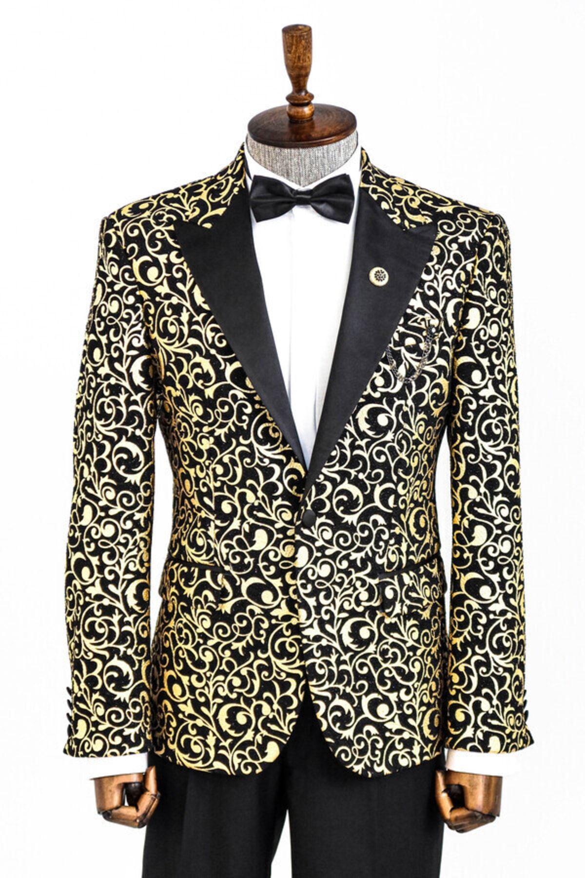 Wessi Siyah Üzerine Gold Desenli Simli Damatlık Ceket