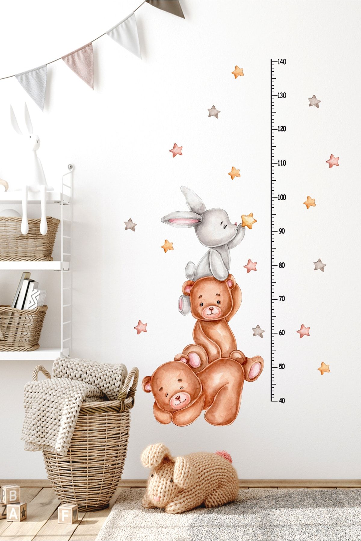 Sticker Sepetim Duvar Sticker - Sevimli Ayıcıklar, Tavşan Ve Yıldızlar Çocuk Odası Boy Ölçer Cetvel Duvar Dekoru