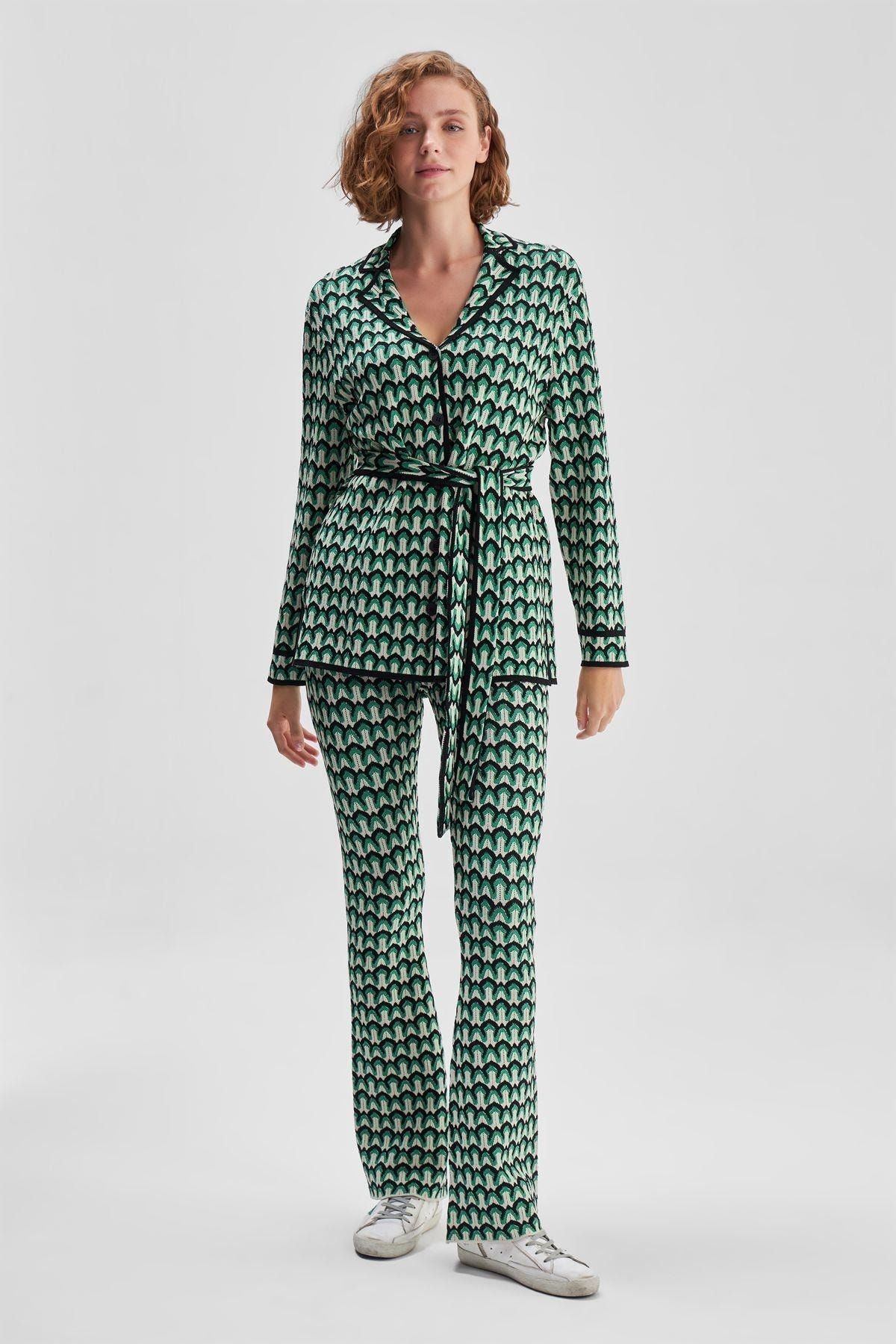 Join Us Geometrik Desenli Jakarlı Bol Paça Yeşil Triko Pantolon