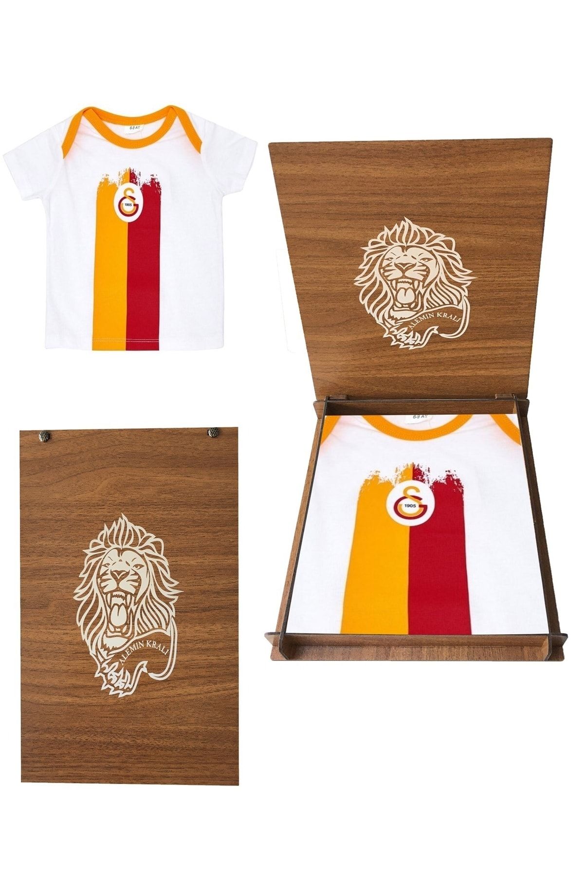 Galatasaray Galatasaray Lisanslı Armalı Bebek T-shirt Hediye Aslan Ahşap Kutulu