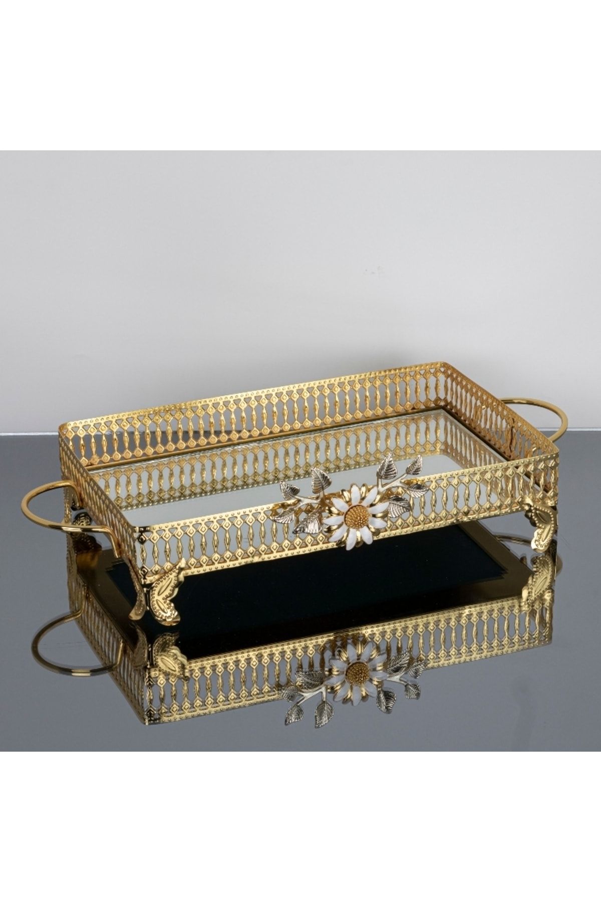 İnova Home Decor Firuze Çiçek Detaylı Gold Aynalı Nişan- Söz Tepsisi - Aynalı Tepsi 32 X 19 Cm - Orta Boy