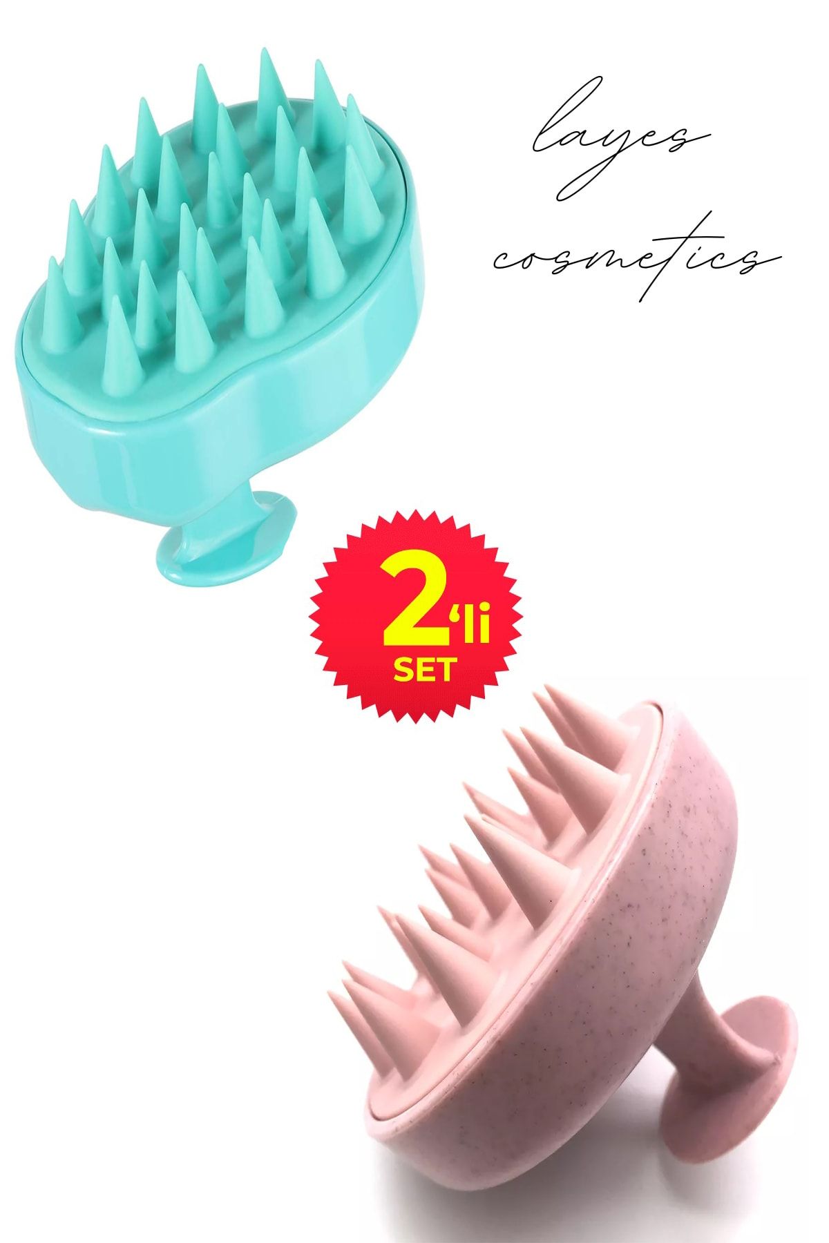 Layes Pembe Ve Mavi Duş Tarağı Silikon Dişli Şampuan Fırçası 2li Set Duş Fırçası Saç Derisi Tarağı
