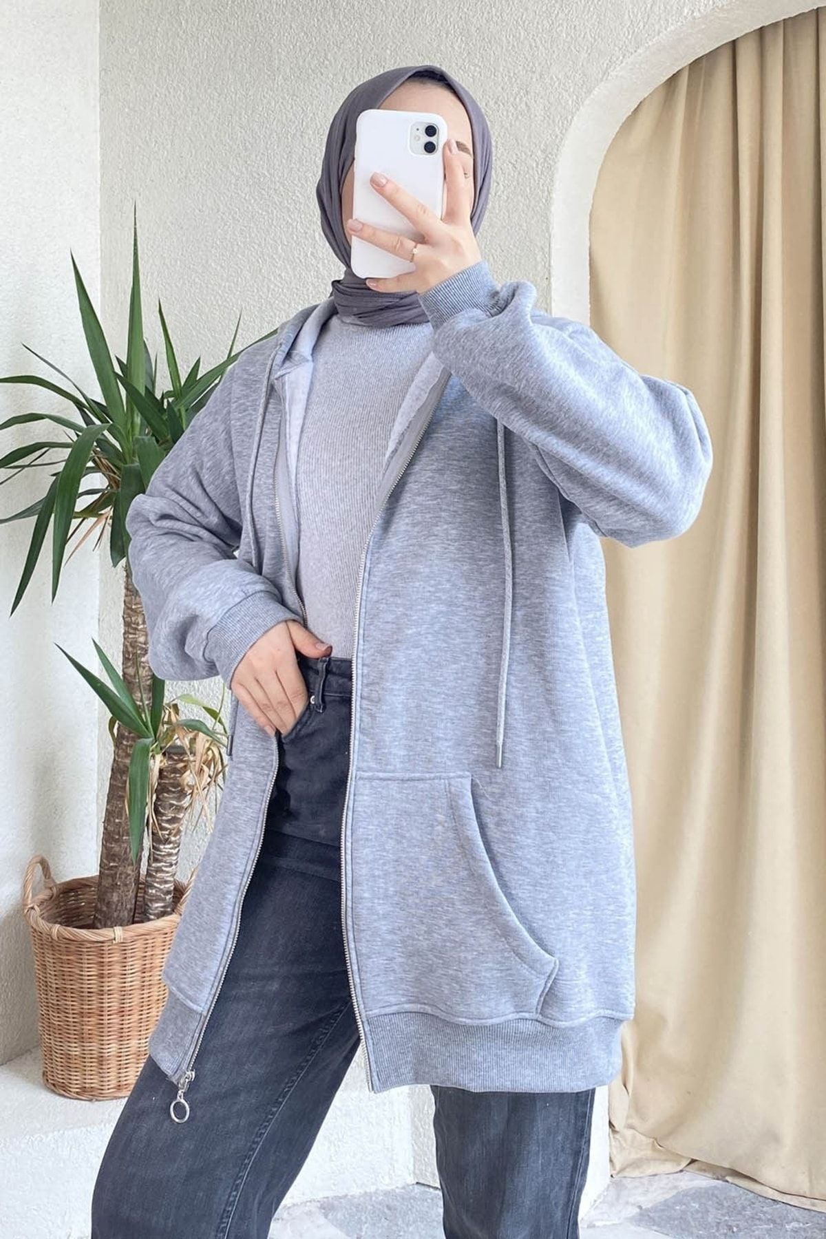 NETCLASS Siyah Kapüşonlu Fermuarlı Kalın Içi Polarlı Örme Sweatshirt