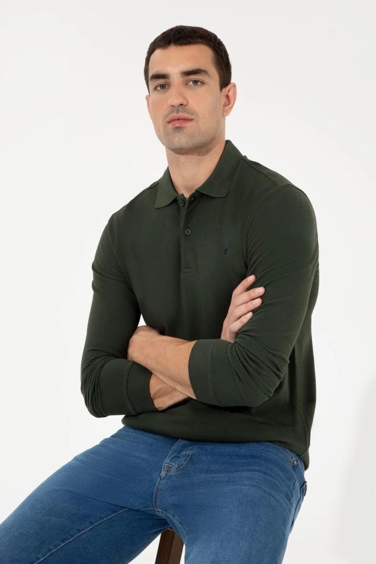 Pierre Cardin Koyu Yesil Slim Fit Fit Polo Yaka Sweatshirt