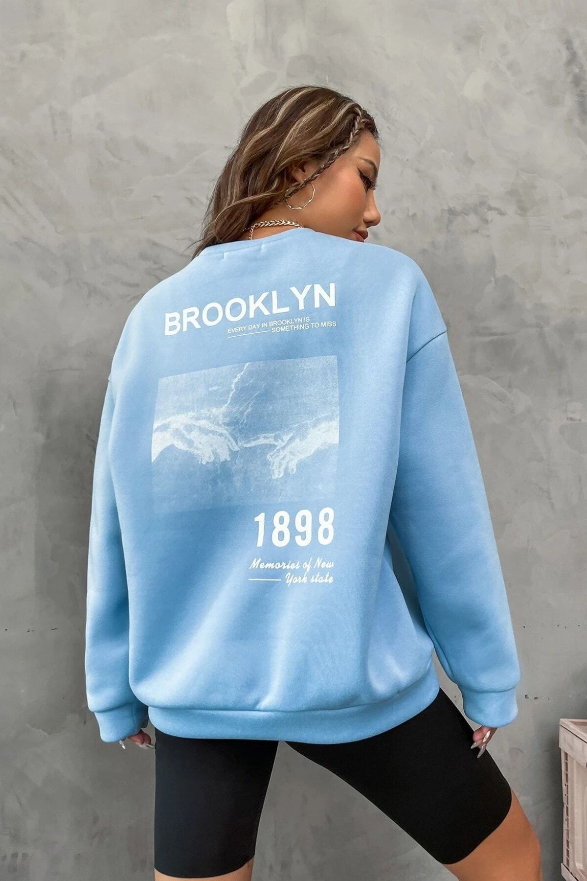 MODAGEN Unisex Bebe Mavisi Brooklyn 1898 Baskılı Bisiklet Yaka Oversize Sweatshirt
