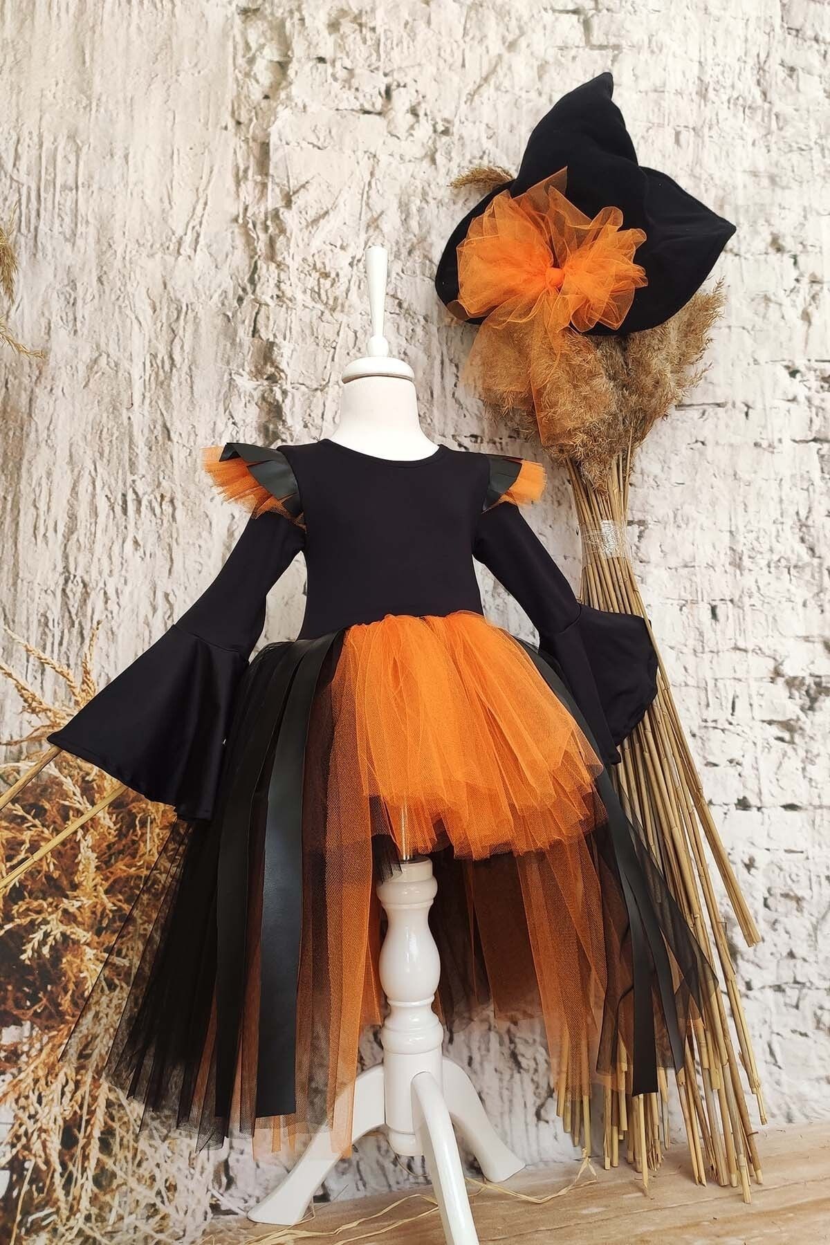 Shecco Babba Cadılar Bayramı Siyah Deri Detaylı Cadı Kız Elbisesi Ve Cadı Şapkası, Kız Çocuk Halloween Elbisesi