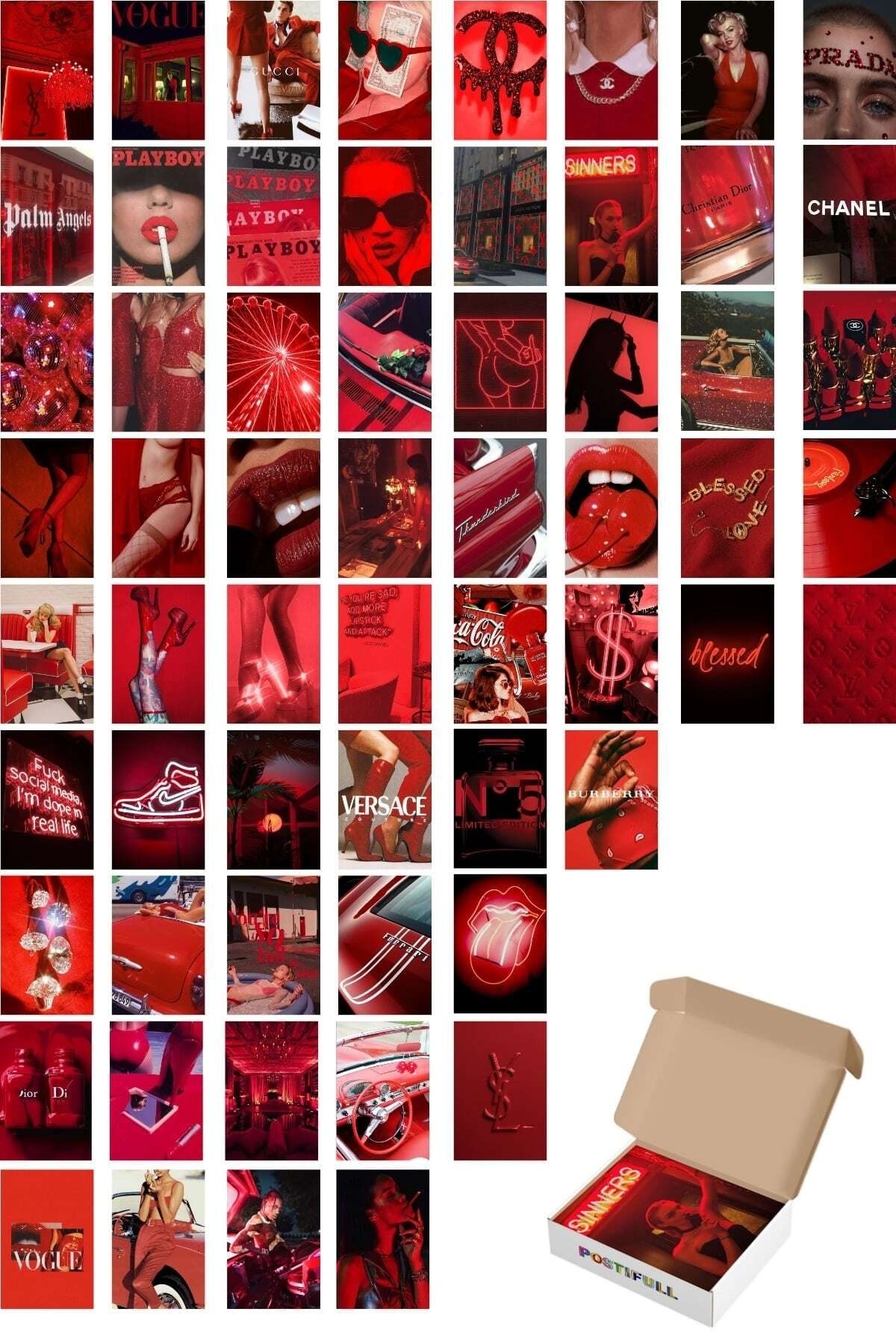 postifull Kırmızı Duvar Poster Seti - 60 Adet - Arkası Yapışkanlı Kolaj Seti - 10cm*15cm - Kutulu Set