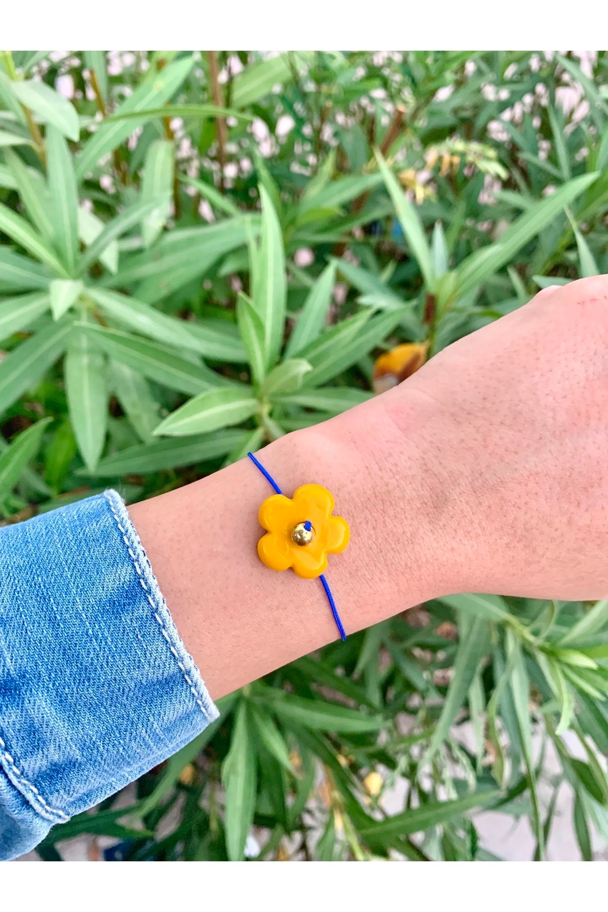Atelier Çağla Sarı Cam Çiçek Mavi Ip Bileklik