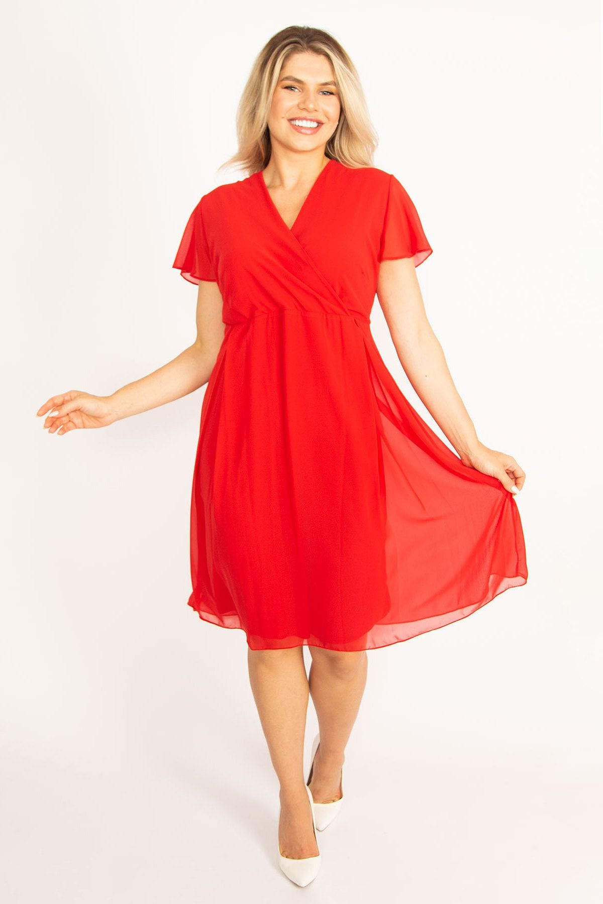 Şans Kadın Büyük Beden Kırmızı Şifon Kumaş Anvelop Yakalı Astarlı Elbise 65n34505