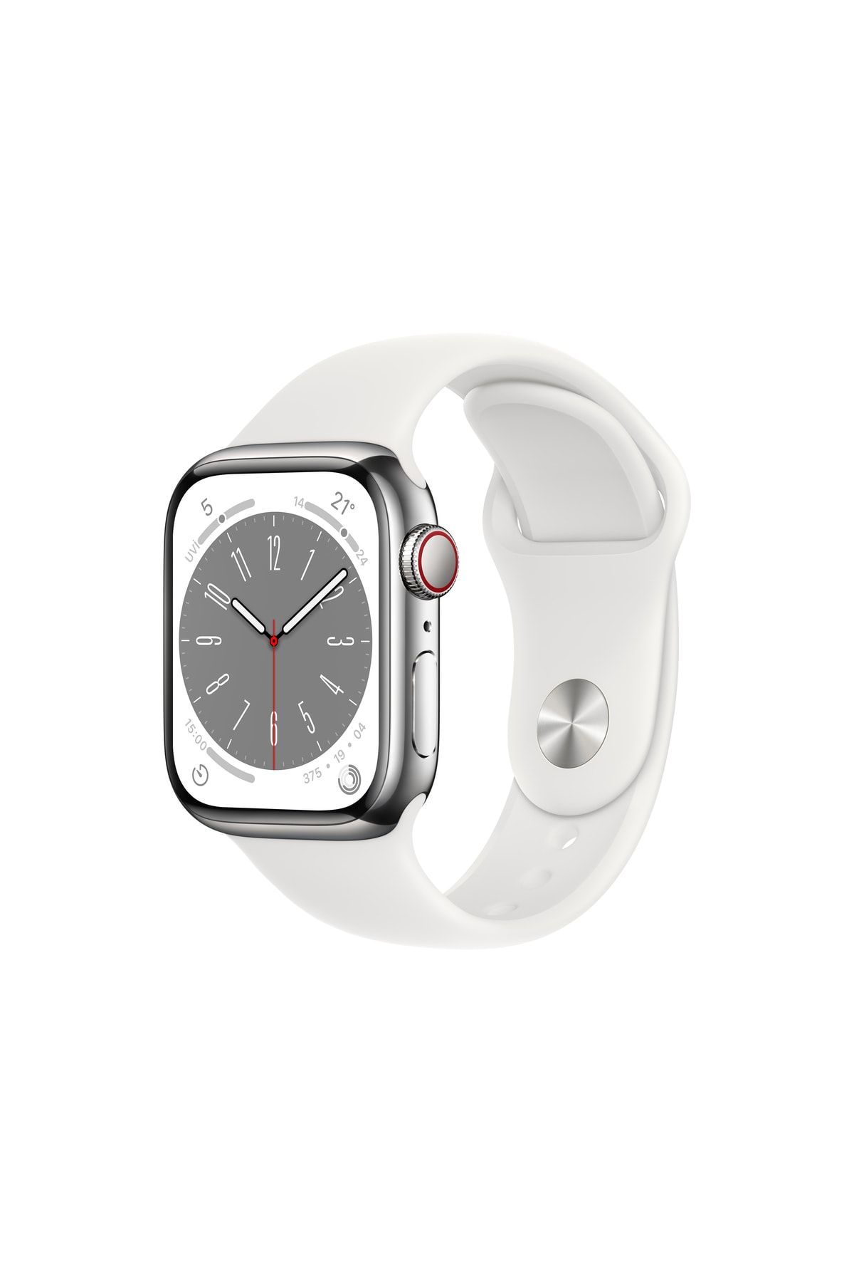 Apple Watch Series 8 GPS + Cellular 45mm Gümüş Paslanmaz Çelik Kasa ve Beyaz Spor Kordon - Regular