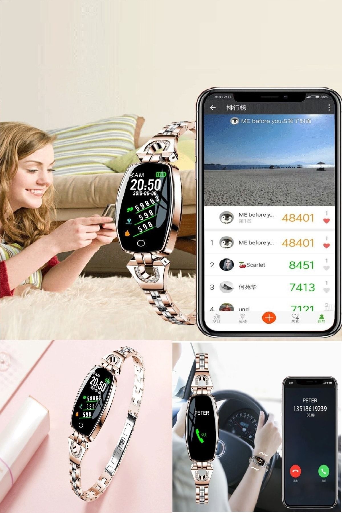 Midday Suya Dayanıklı Çok Fonksiyon Android&ios Uyumlu Şık Tasarım Adım,kalori Gold H-8 Kadın Akıllı Saat