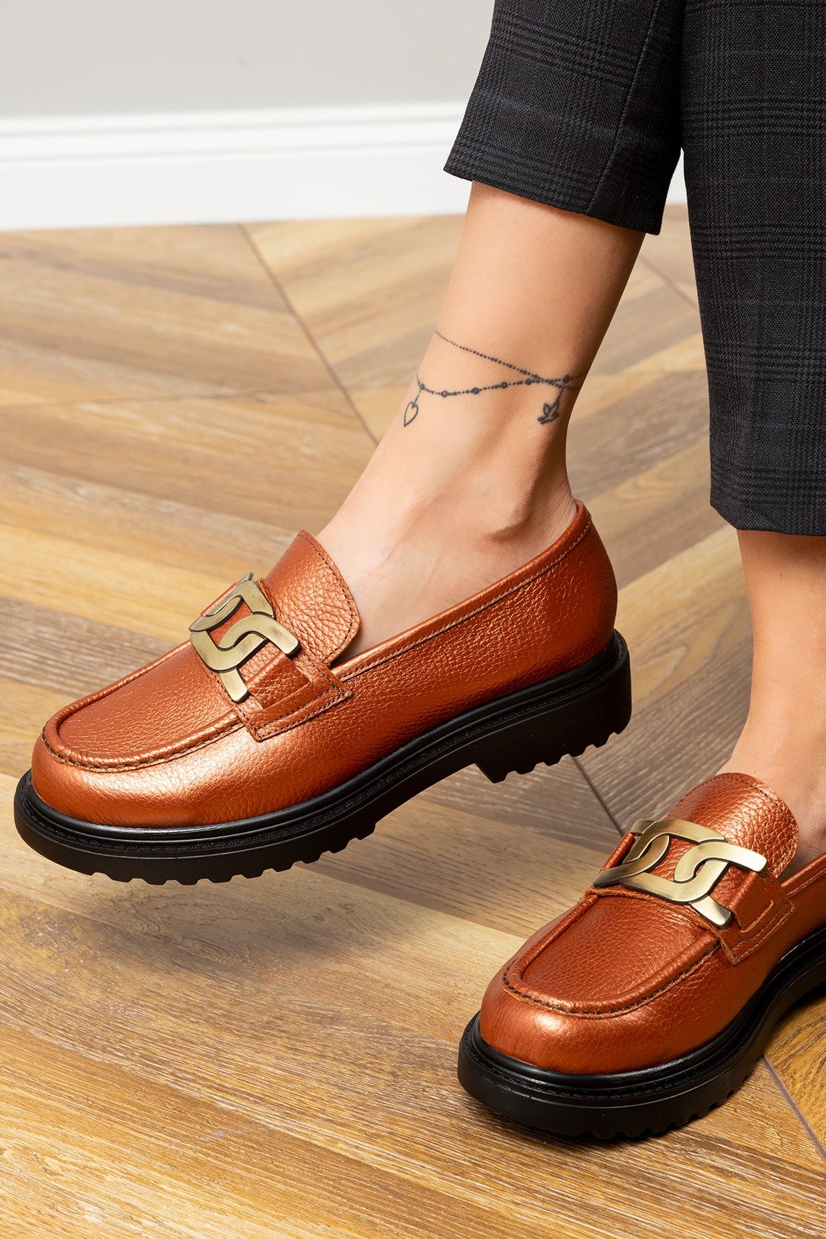 Deery Hakiki Deri Bakır Rengi Tokalı Loafer Kadın Ayakkabı