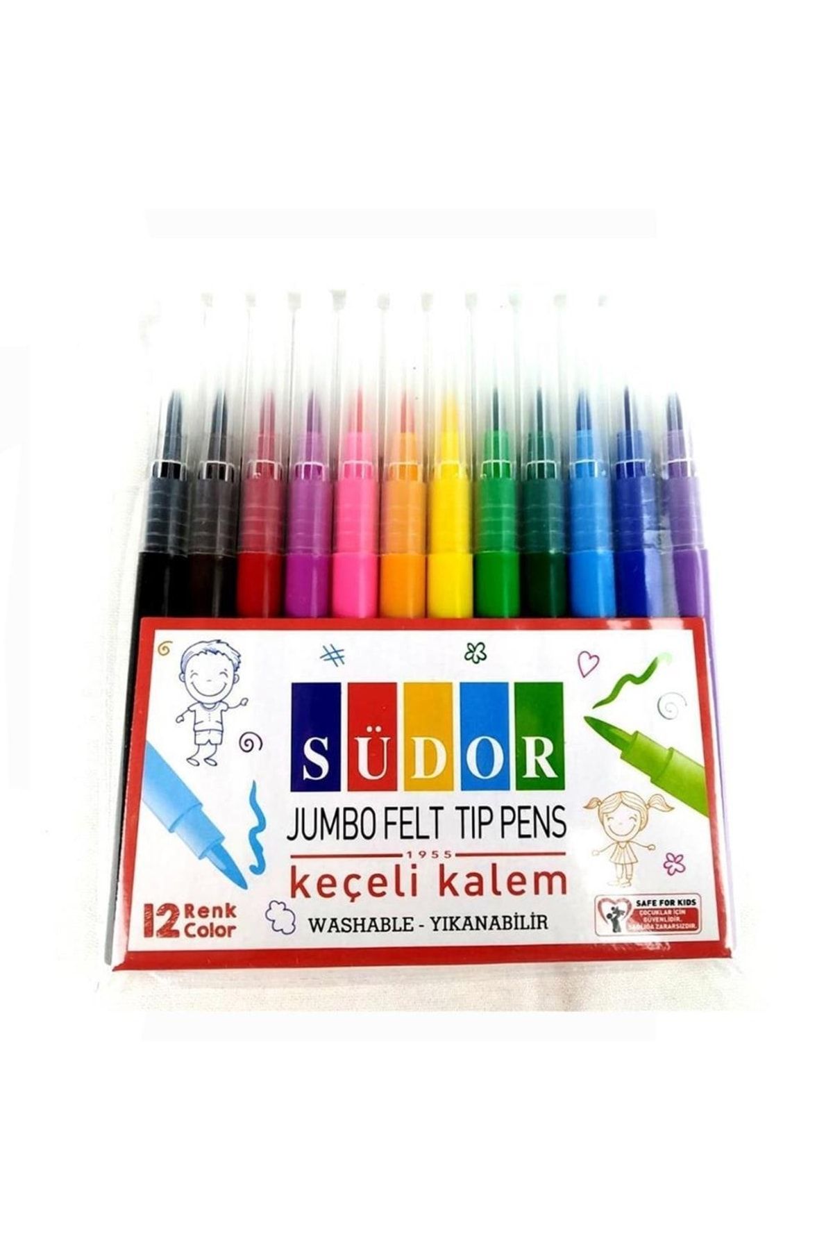 Südor Jumbo Keçeli Boya Kalemi Yıkanabilir12 Renk 1 Paket Keçeli Kalem 12 Li