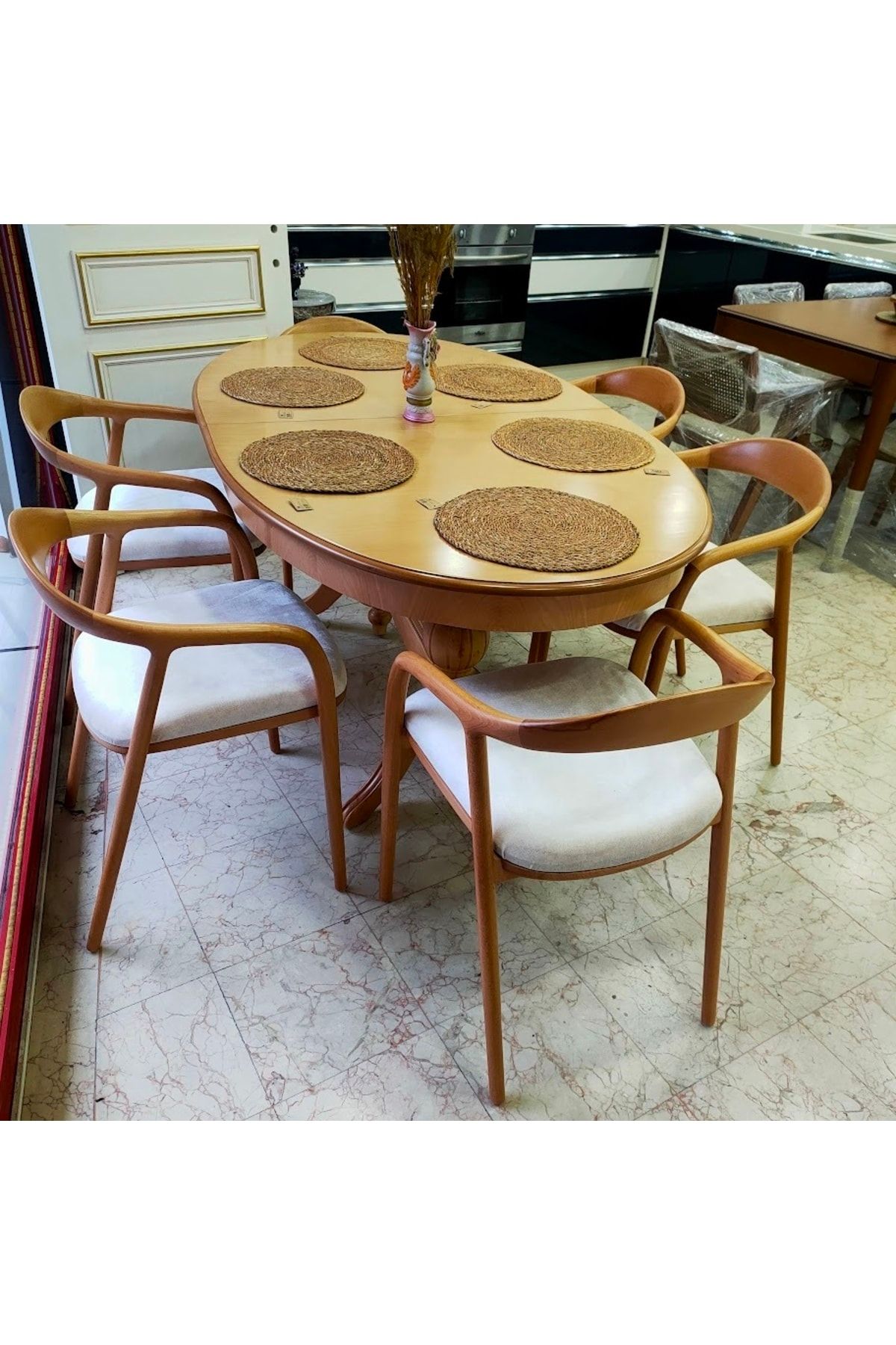 ALTAN HOME Oval Iıaveli Ahşap Masa Takımı