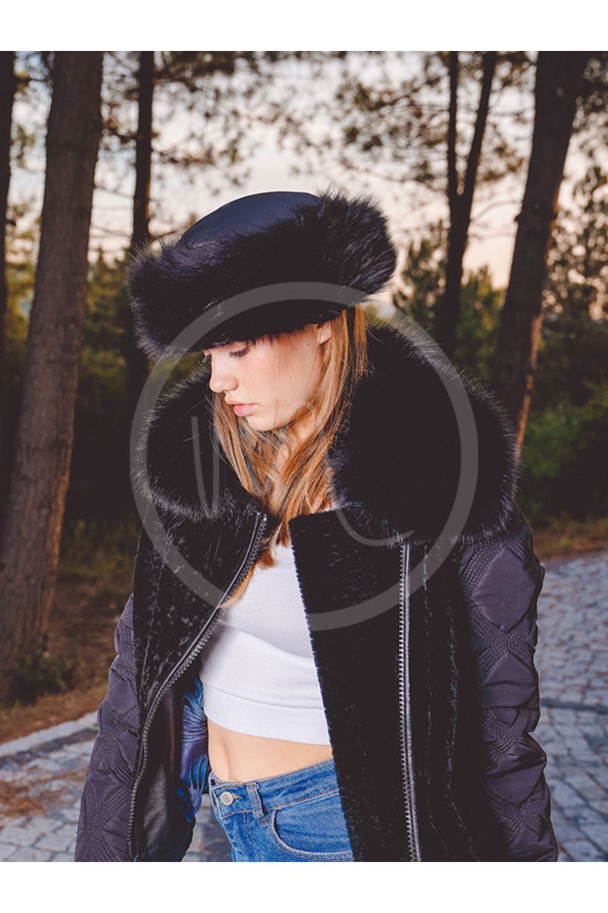 Mumcu's Leather Deri Kürklü Siyah Kadın Şapkası Beresi