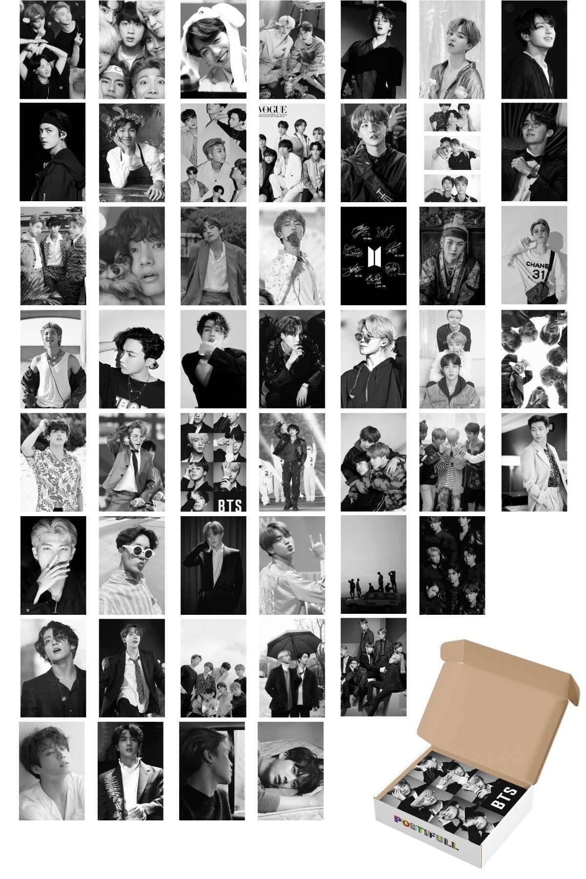 postifull Bts Duvar Poster Seti - Arkası Yapışkanlı Kolaj Seti - 50 Adet - Siyah Beyaz, 10cm*15cm, Kutulu Set